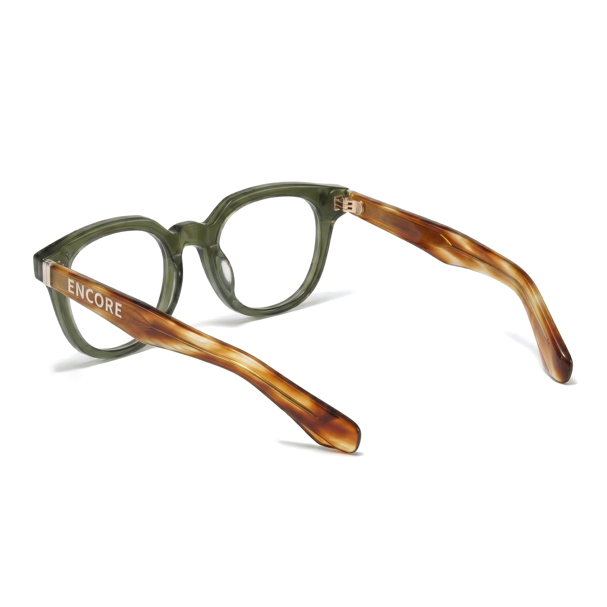Encore Finesse glasses closeup side view in olive green silver frames