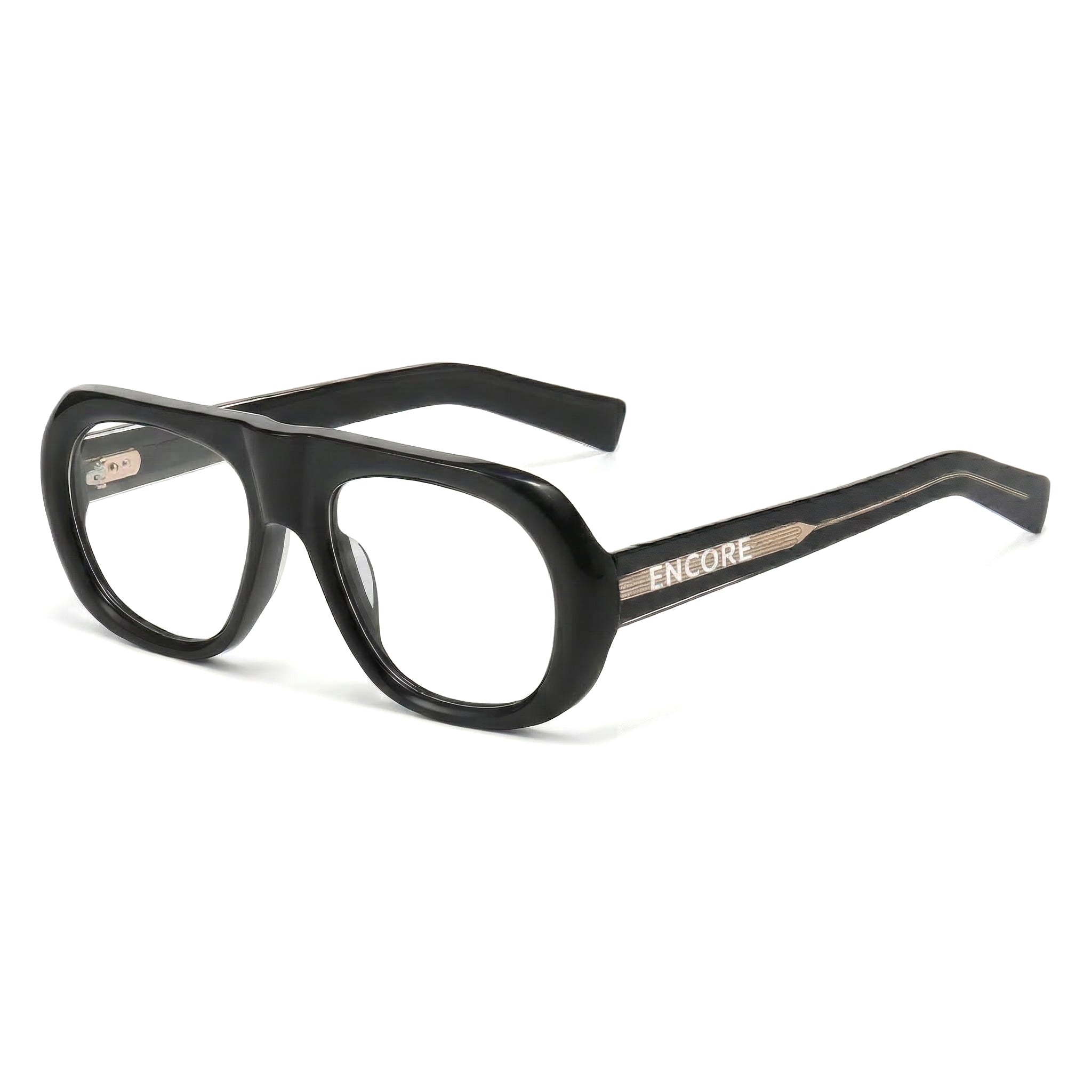 Encore Iconic glasses closeup 45-degree view in black golden frames