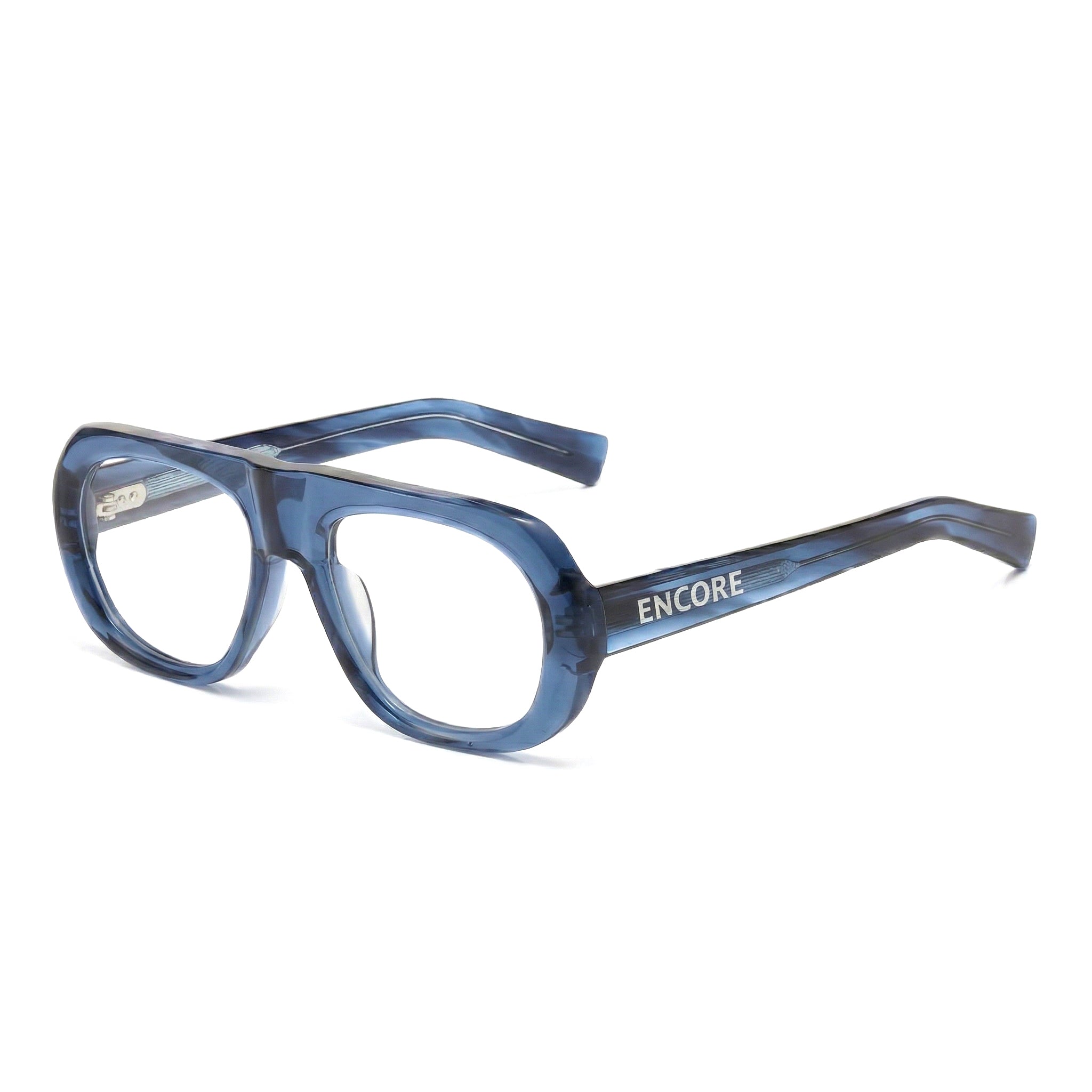 Encore Iconic glasses closeup 45-degree view in blue silver frames