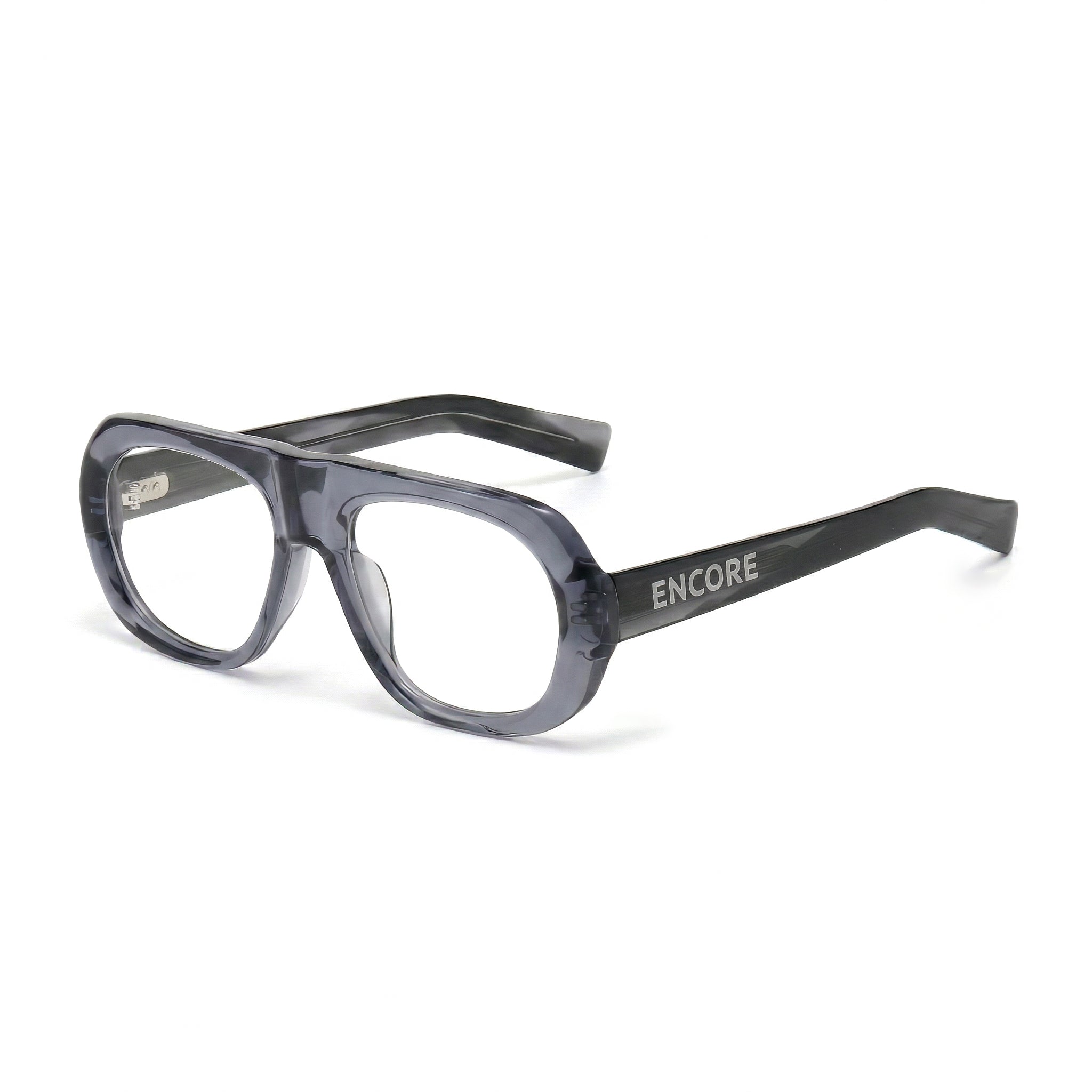 Encore Iconic glasses closeup 45-degree view in gray silver frames