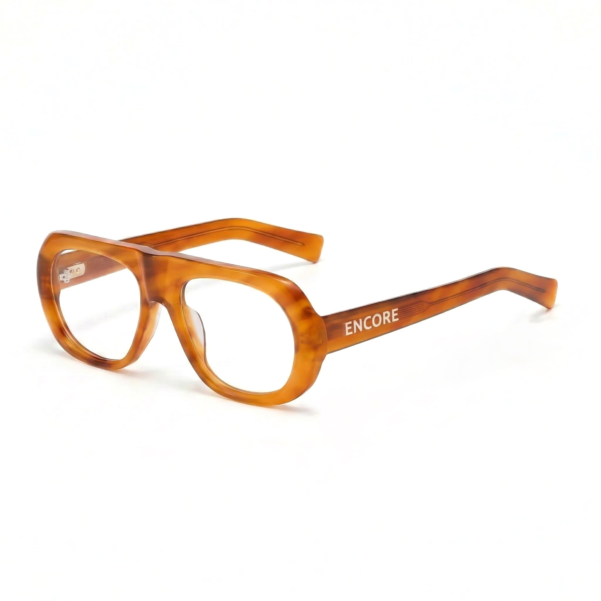 Encore Iconic glasses closeup 45-degree view in light brown golden frames