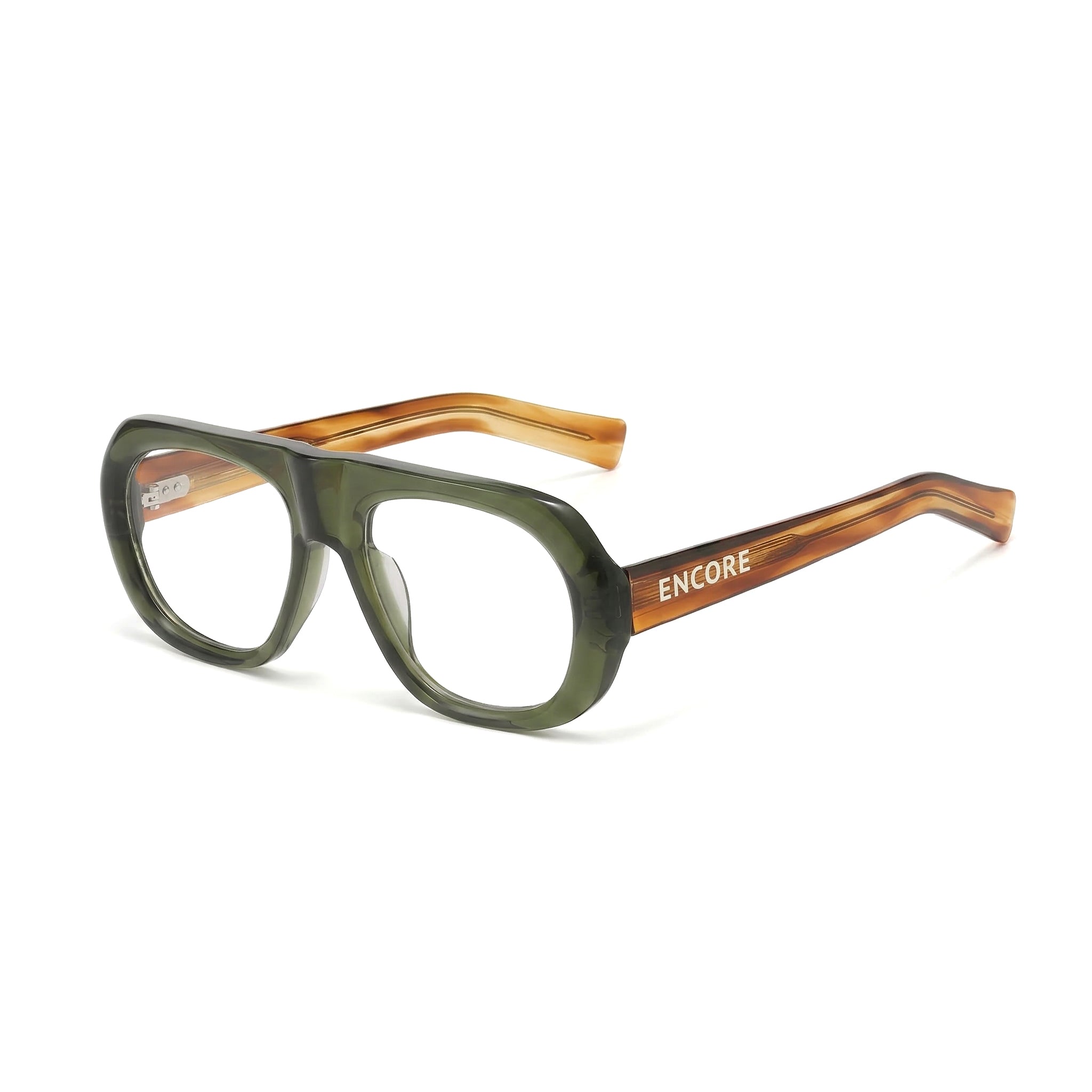 Encore Iconic glasses closeup 45-degree view in olive green silver frames