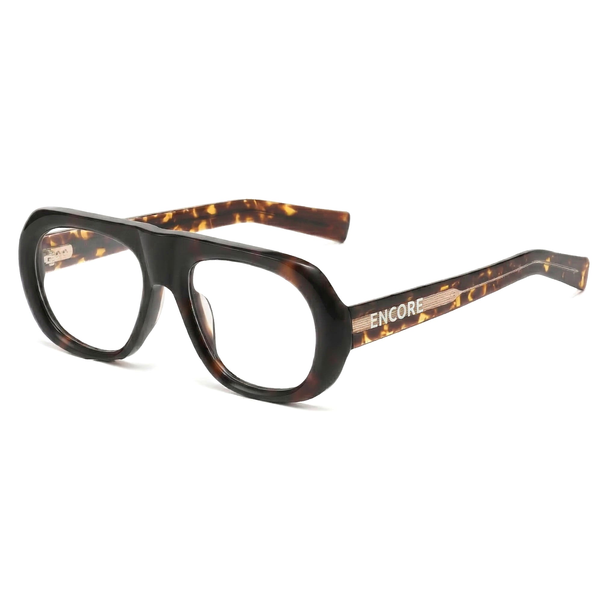 Encore Iconic glasses closeup 45-degree view in tortoiseshell golden frames