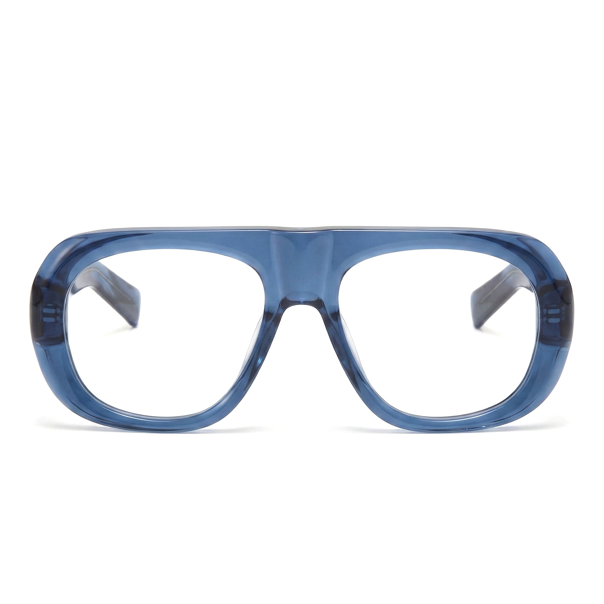 Encore Iconic glasses closeup front view in blue silver frames