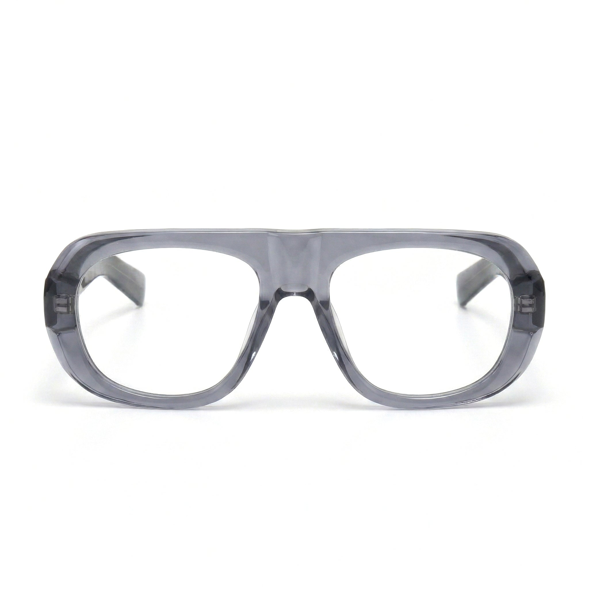 Encore Iconic glasses closeup front view in gray silver frames
