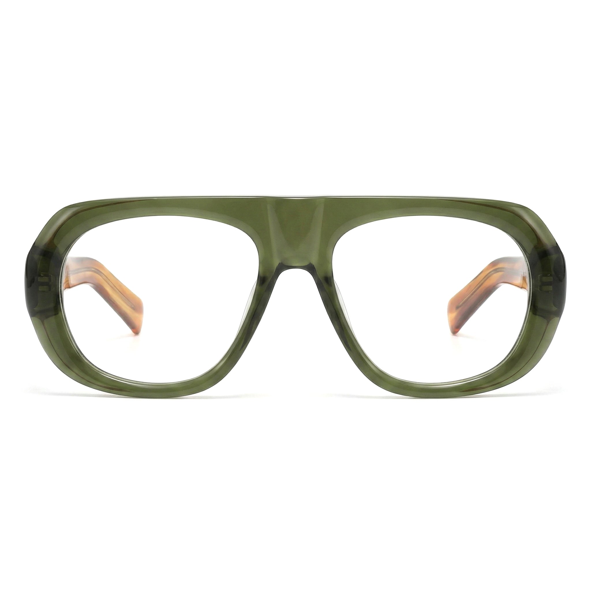 Encore Iconic glasses closeup front view in olive green silver frames