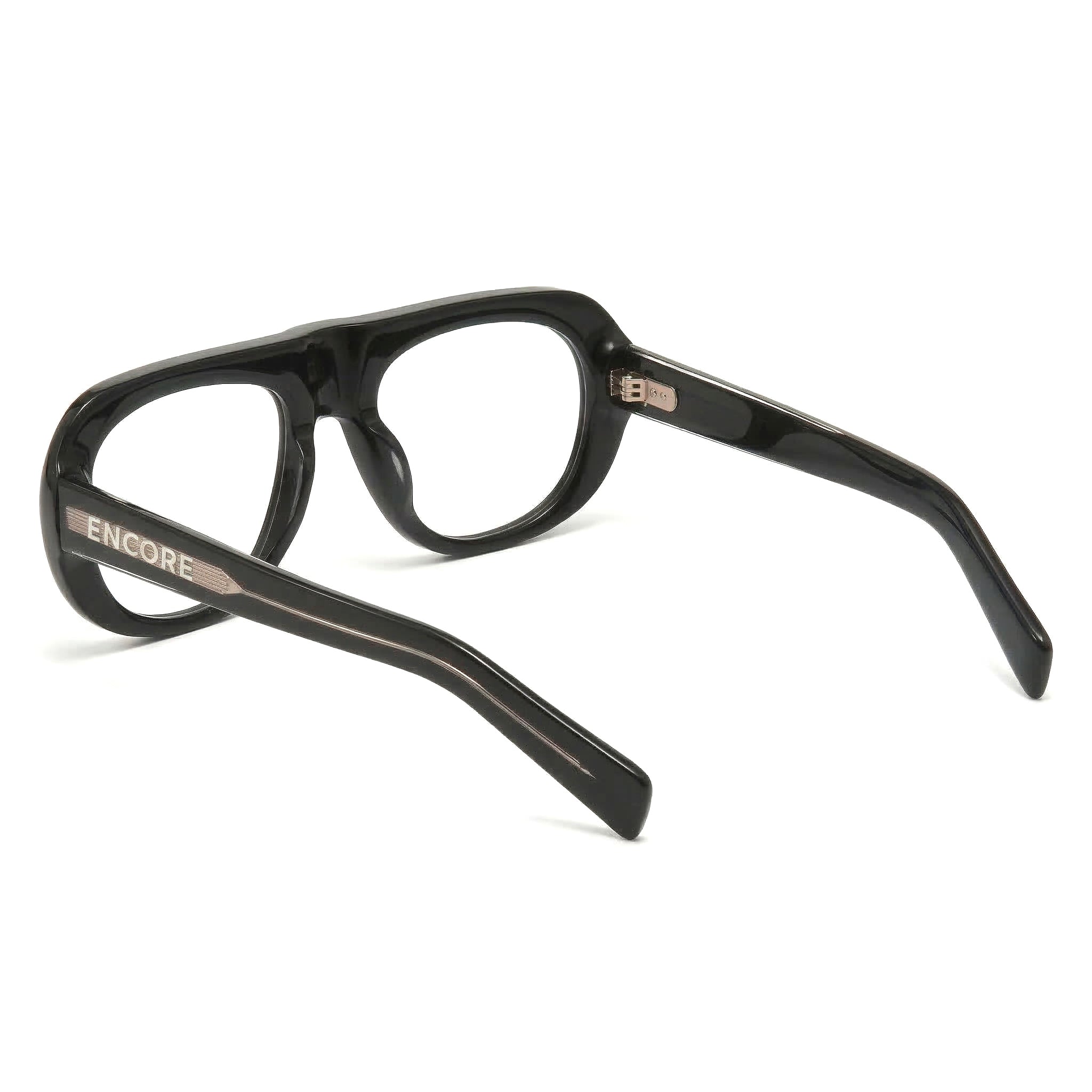 Encore Iconic glasses closeup side view in black golden frames