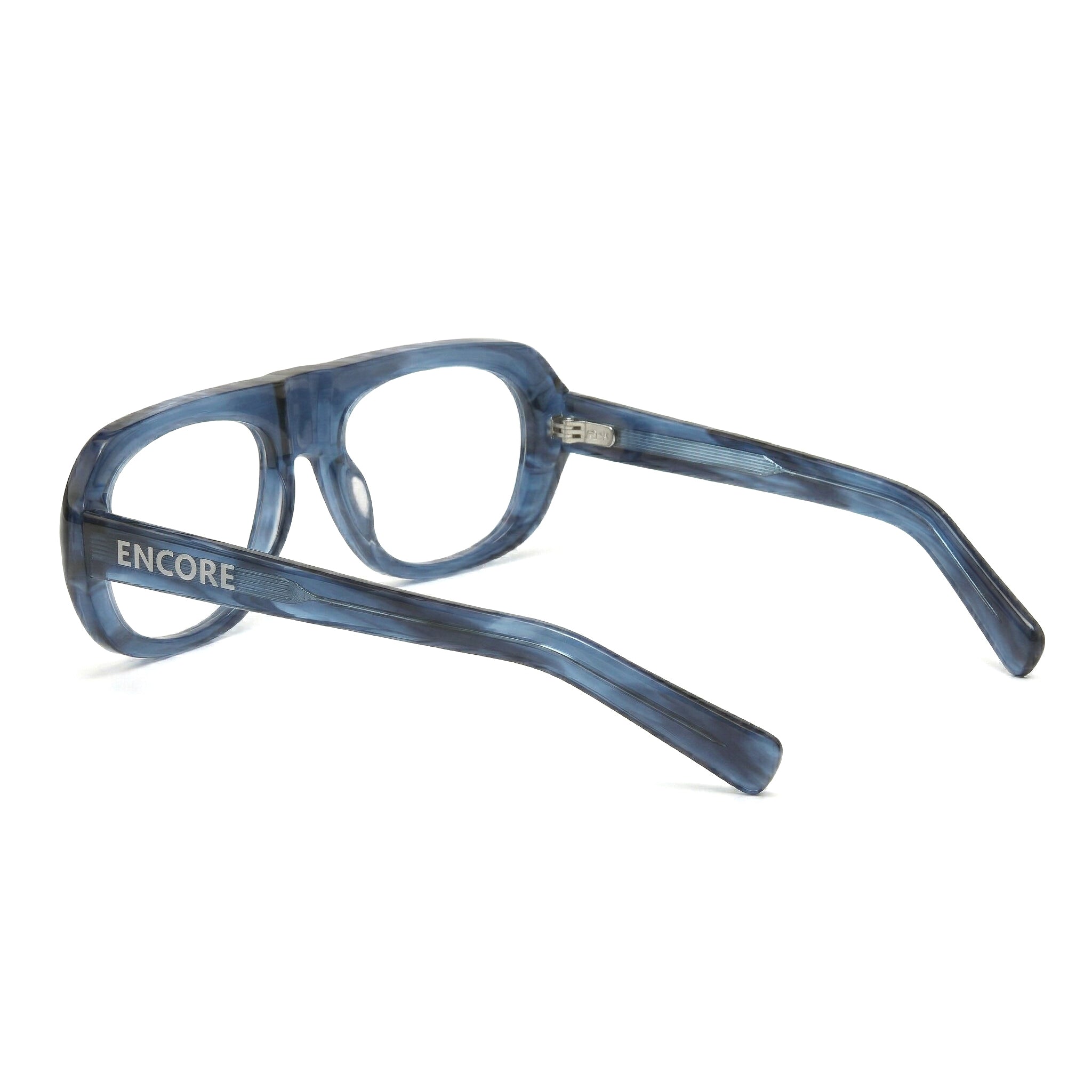 Encore Iconic glasses closeup side view in blue silver frames