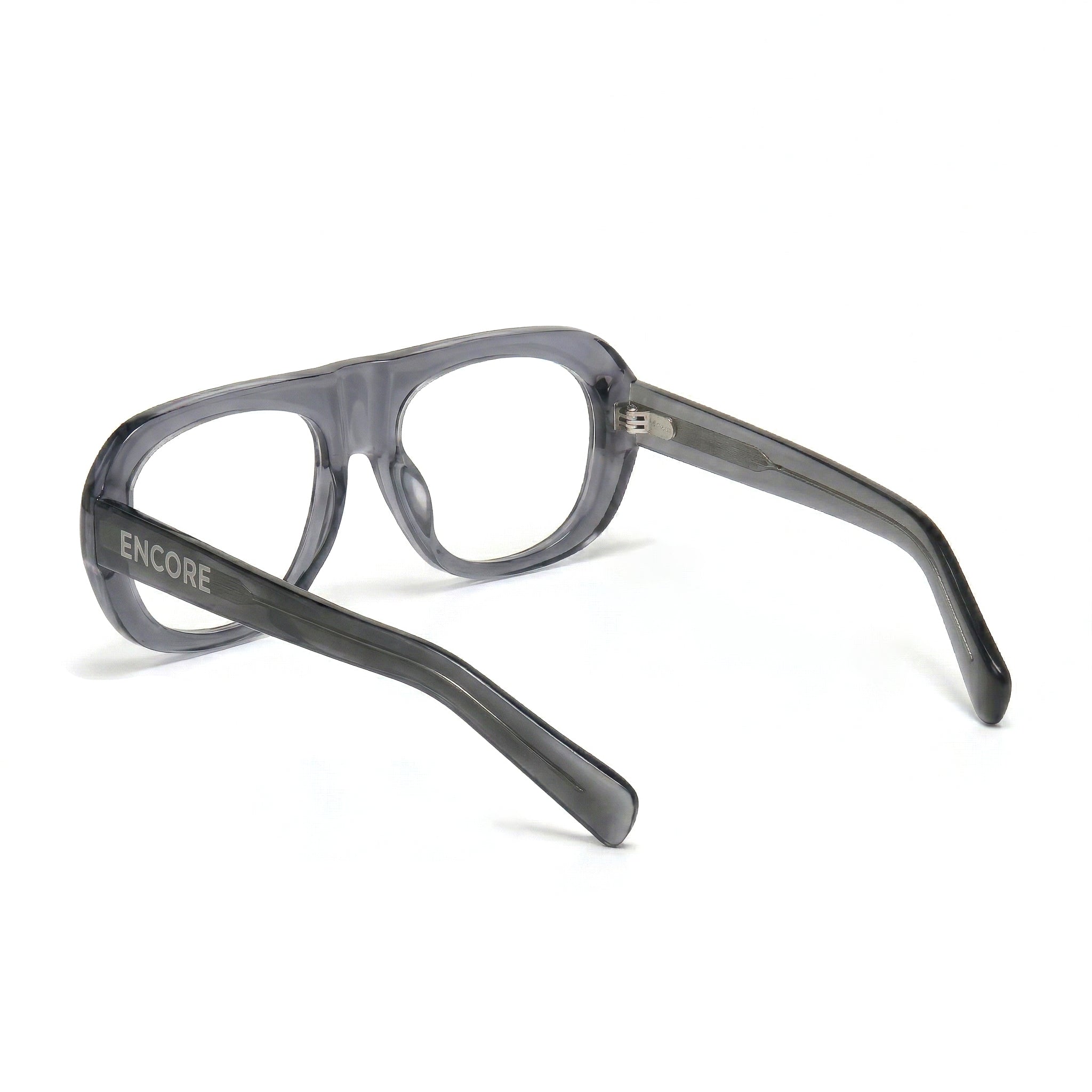 Encore Iconic glasses closeup side view in gray silver frames