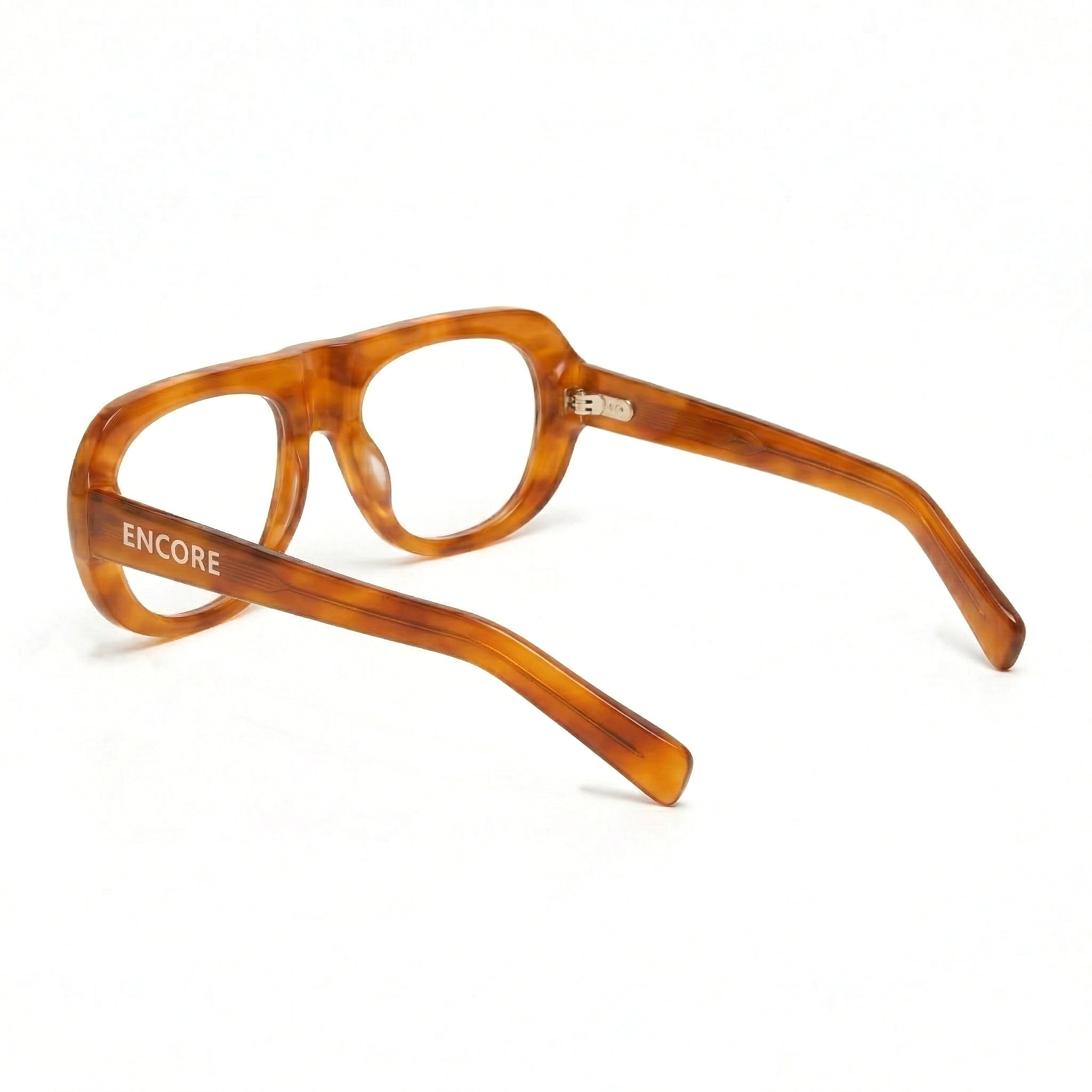 Encore Iconic glasses closeup side view in light brown golden frames