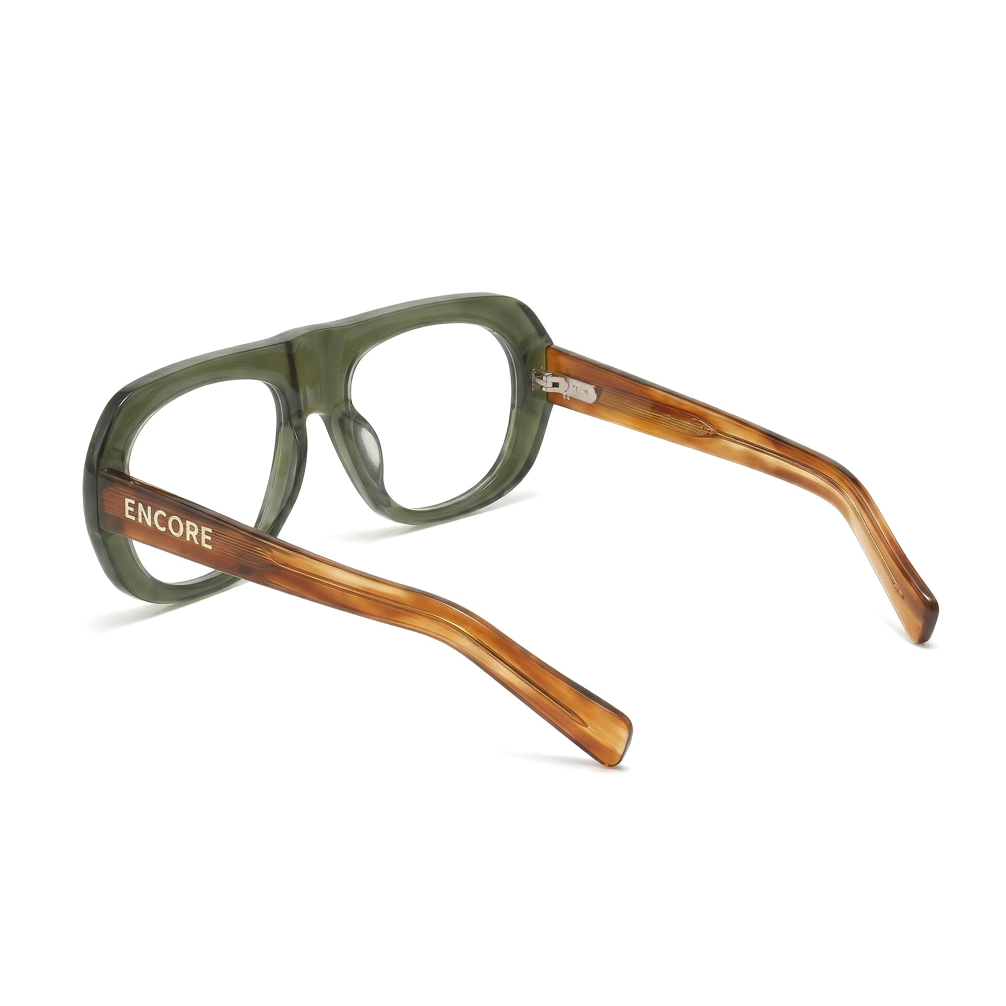 Encore Iconic glasses closeup side view in olive green silver frames