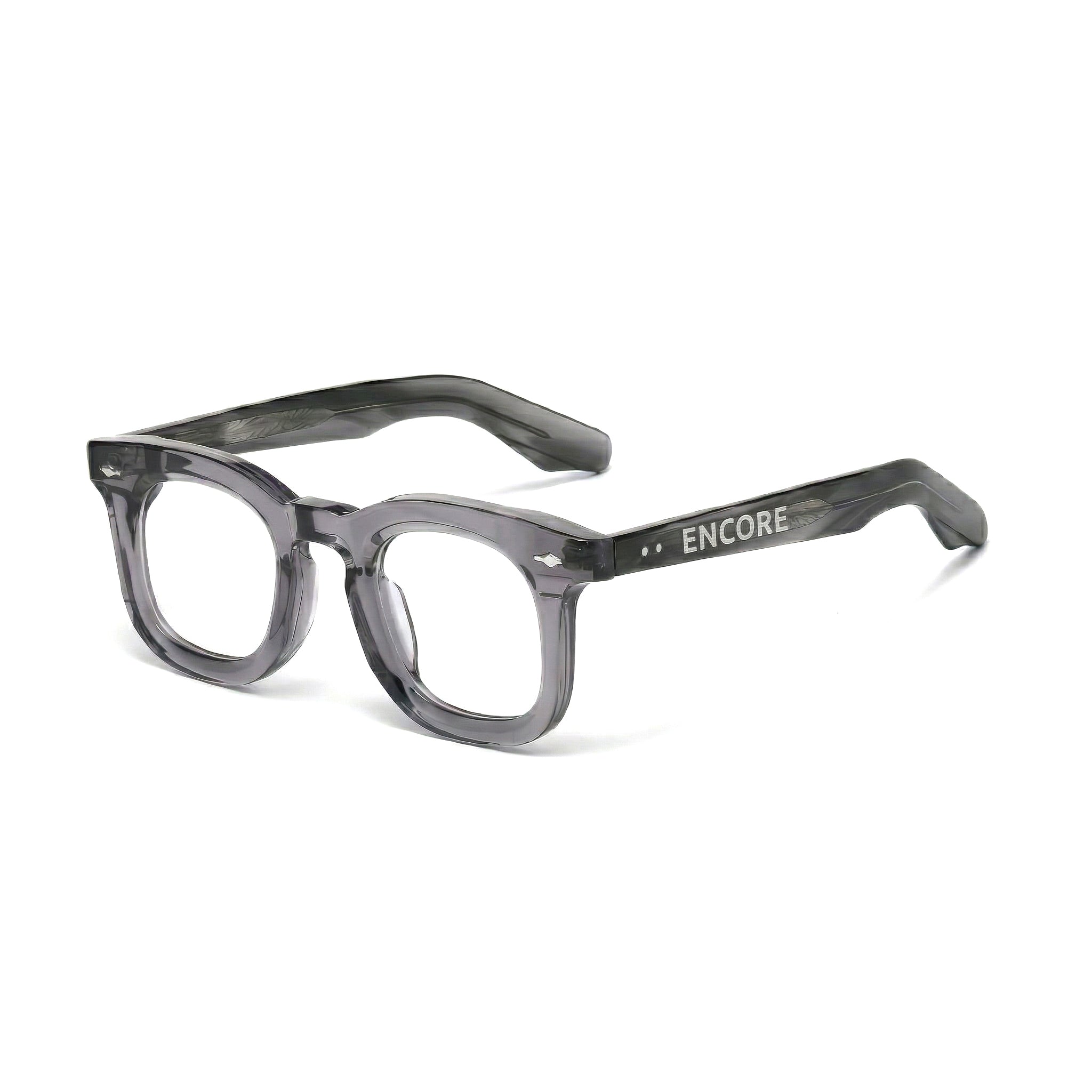 Encore Imperial glasses closeup 45-degree view in gray silver frames