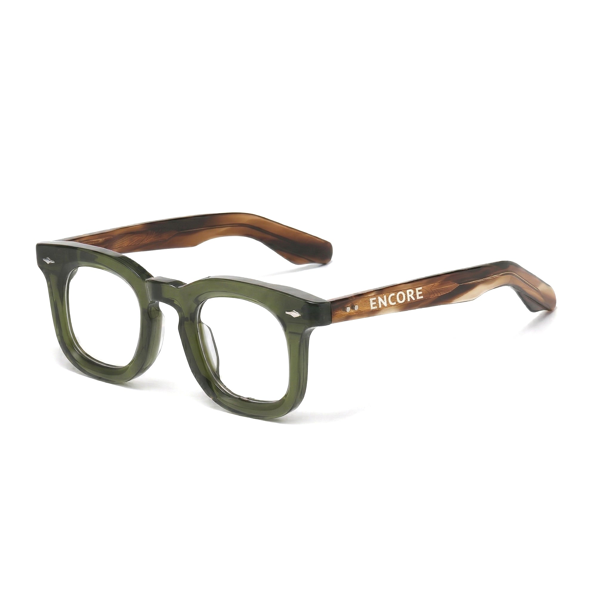 Encore Imperial glasses closeup 45-degree view in olive green silver frames