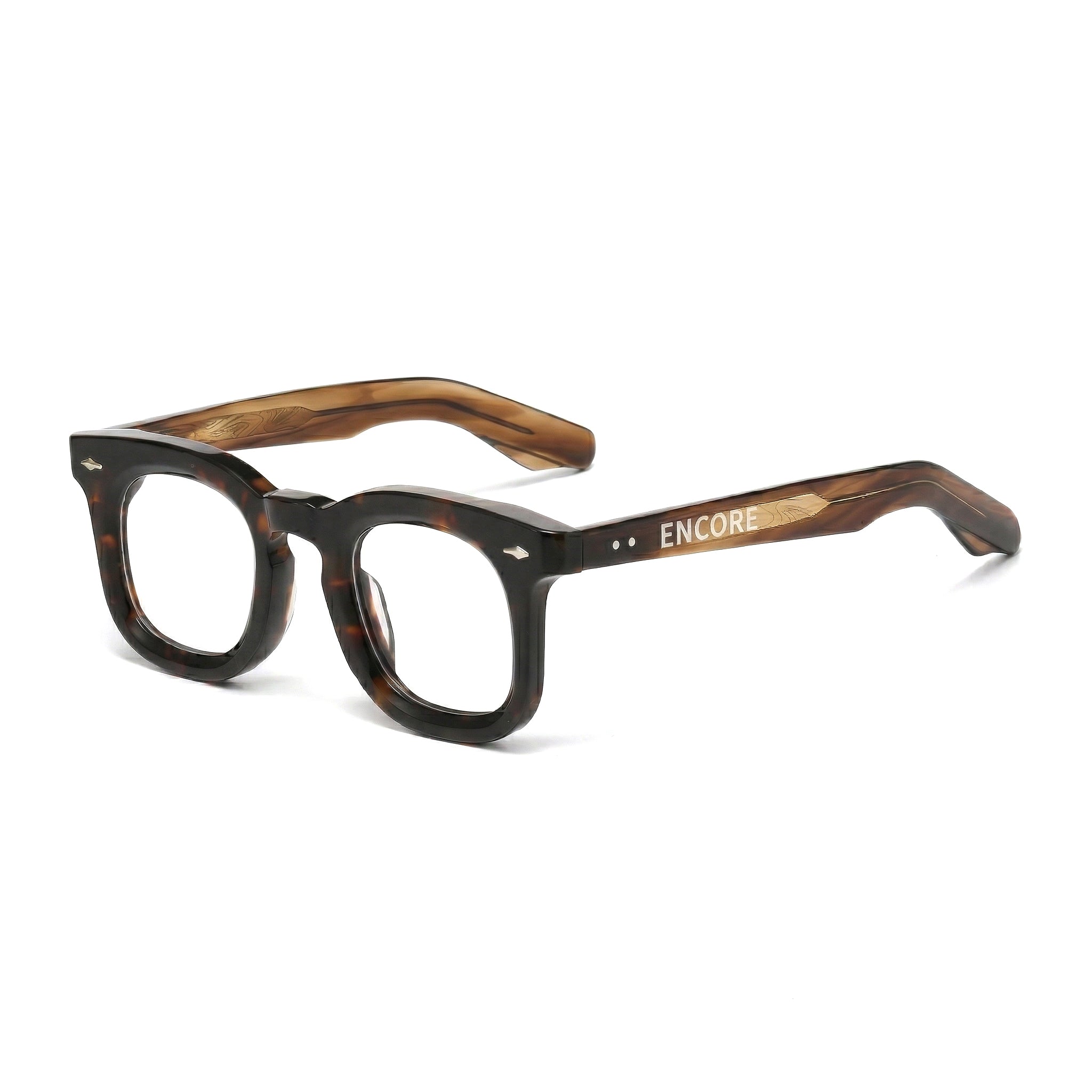 Encore Imperial glasses closeup 45-degree view in tortoiseshell golden frames