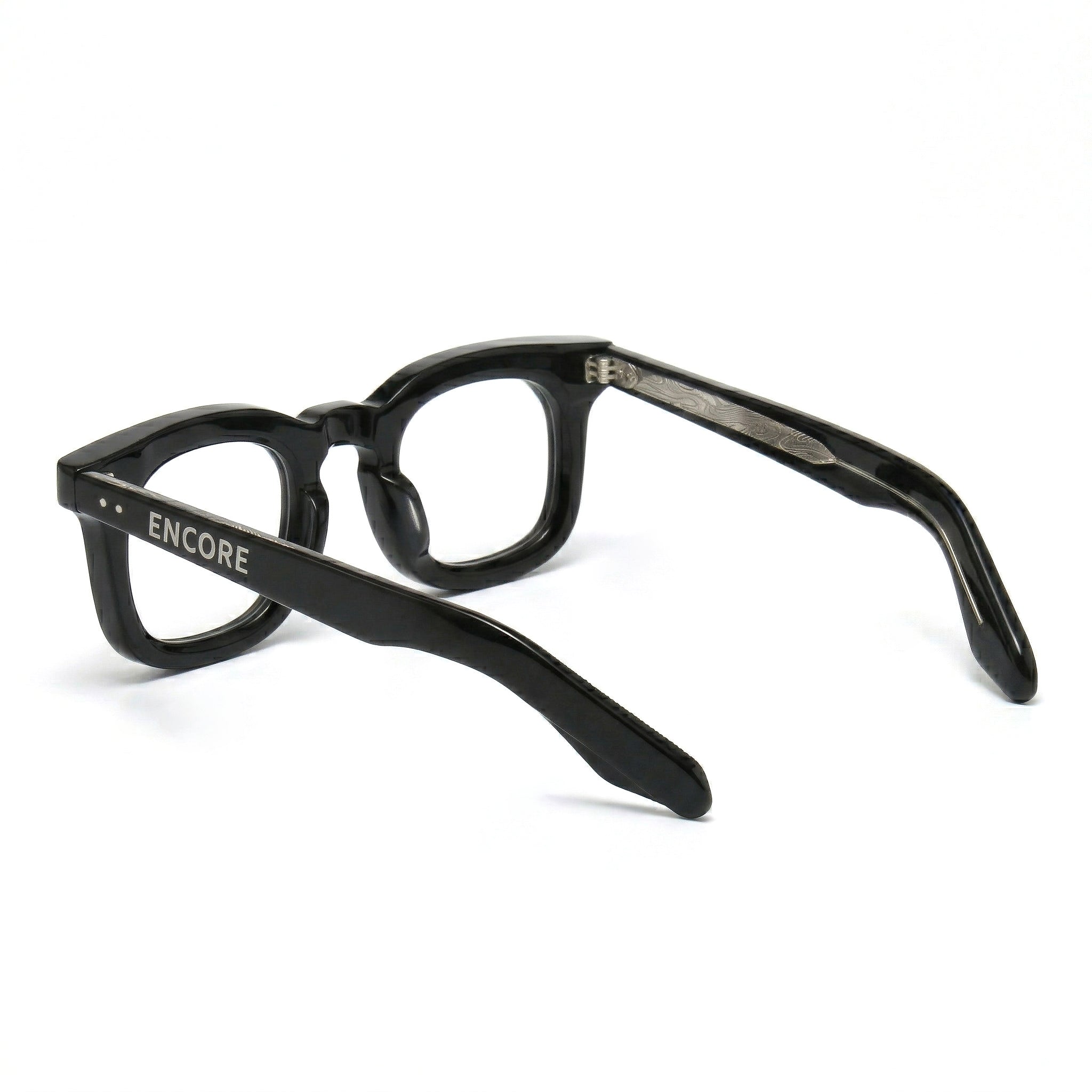 Encore Imperial glasses closeup side view in black silver frames