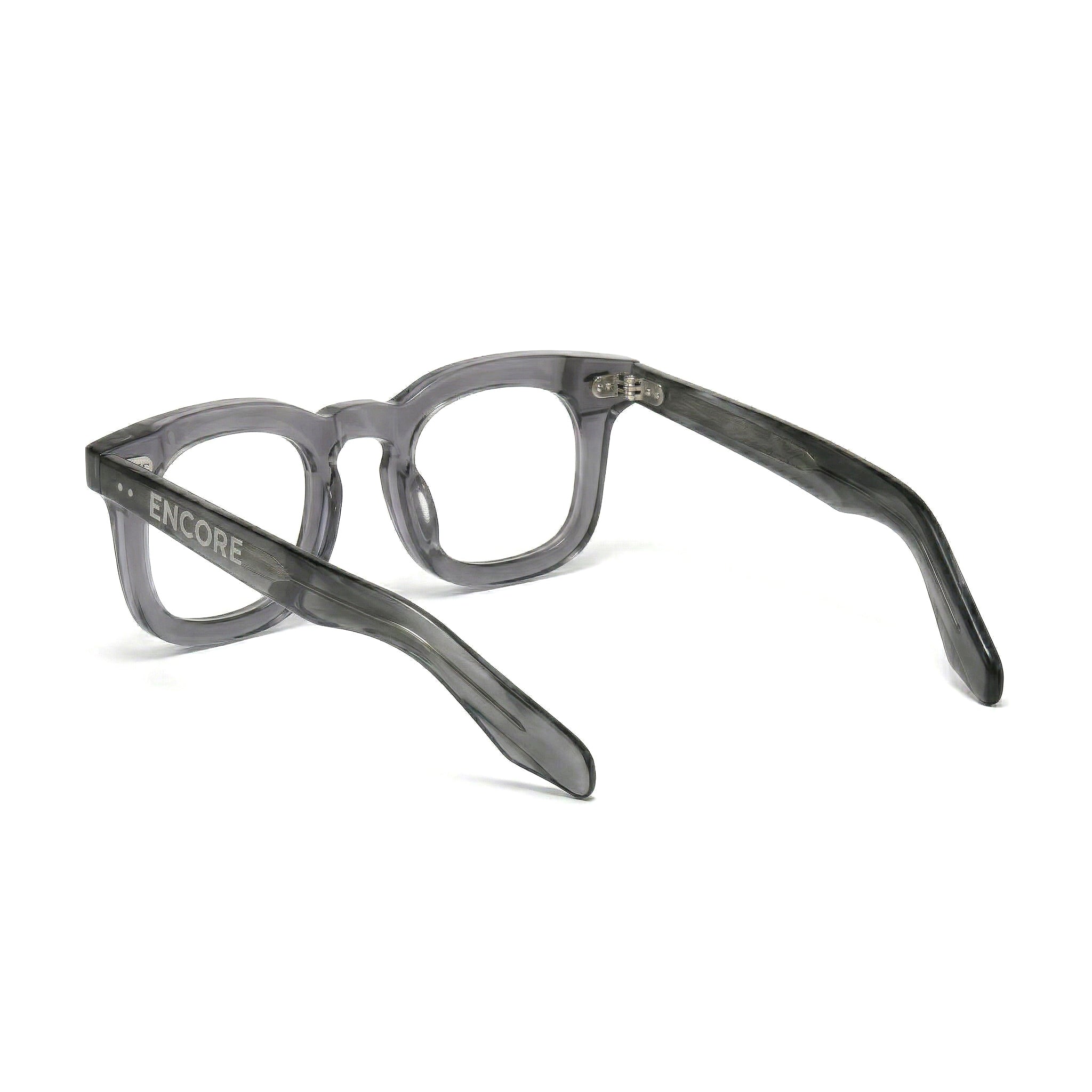 Encore Imperial glasses closeup side view in gray silver frames