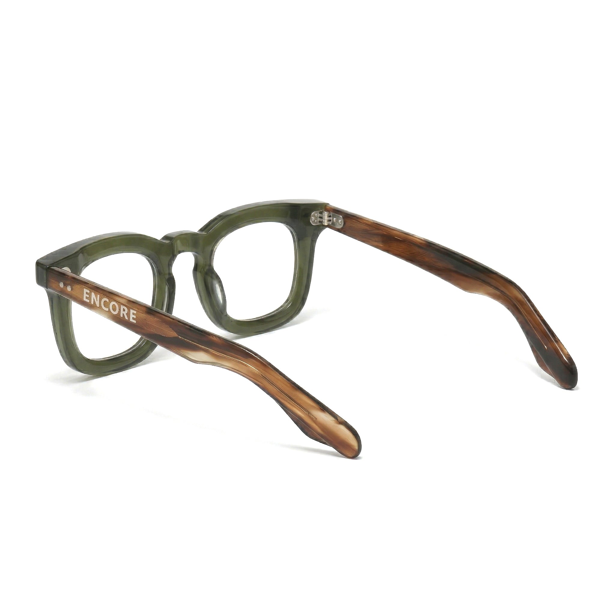 Encore Imperial glasses closeup side view in olive green silver frames