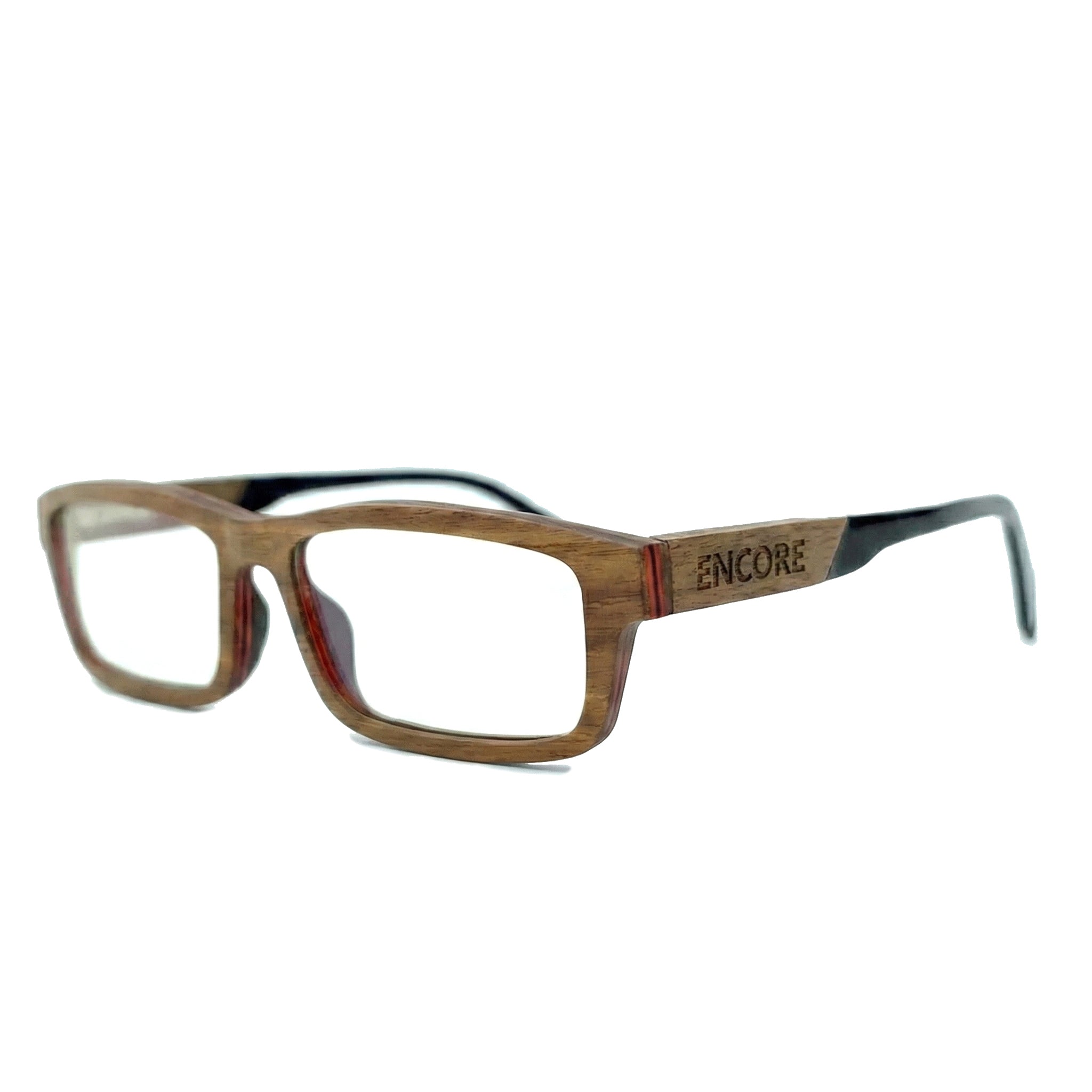 Encore Legacy glasses closeup 45-degree view in black walnut wood frames