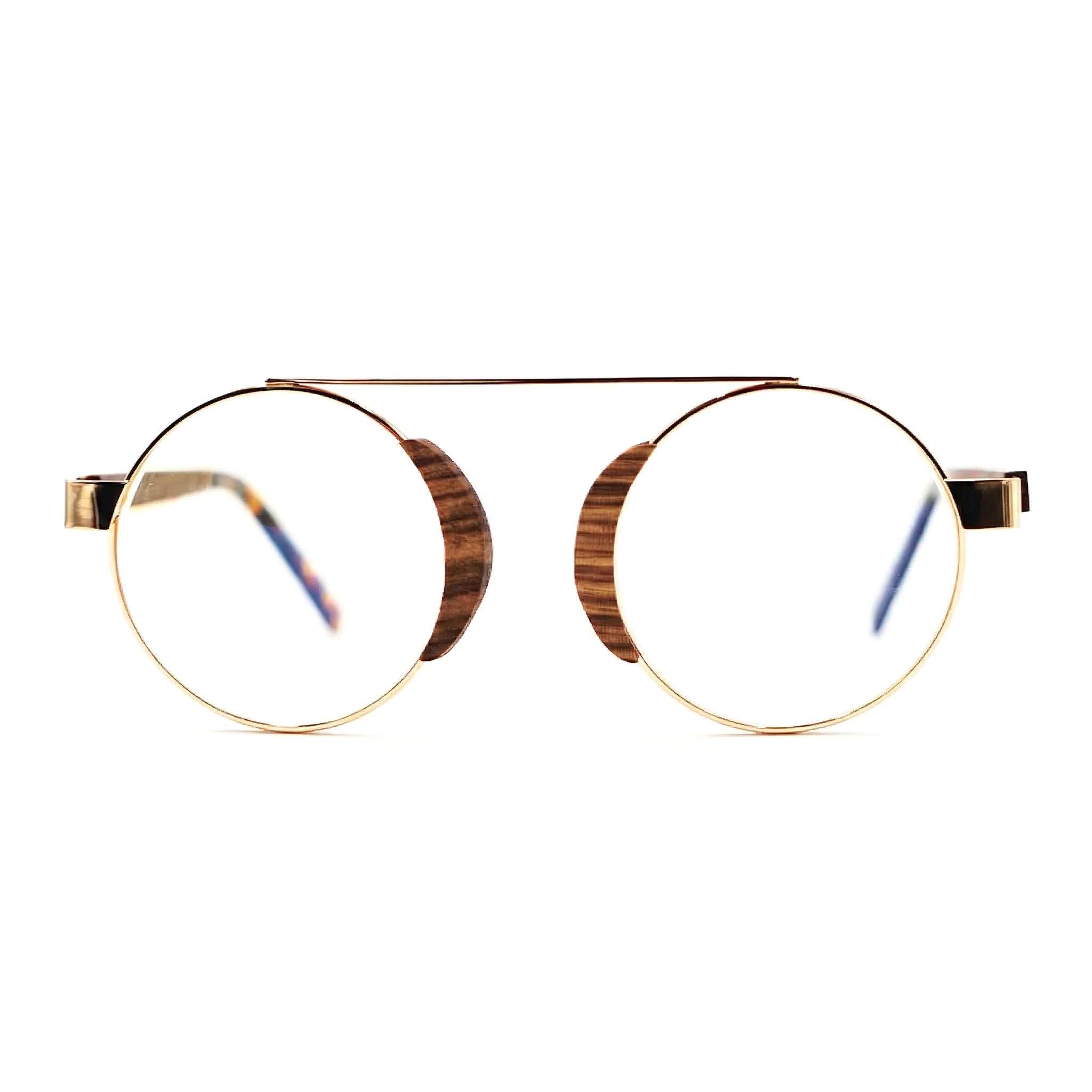 Encore Lumière glasses closeup front view in zebrawood frames