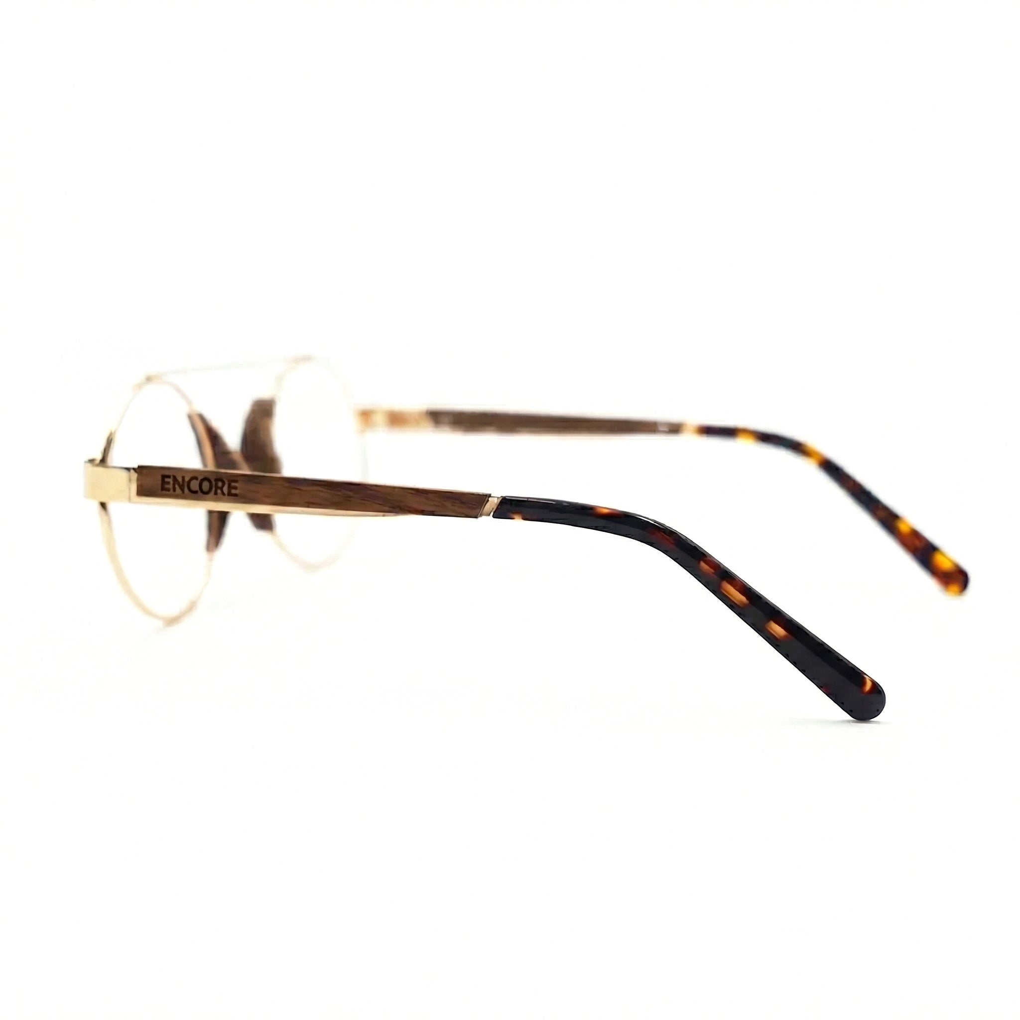 Encore Lumière glasses closeup side view in zebrawood frames