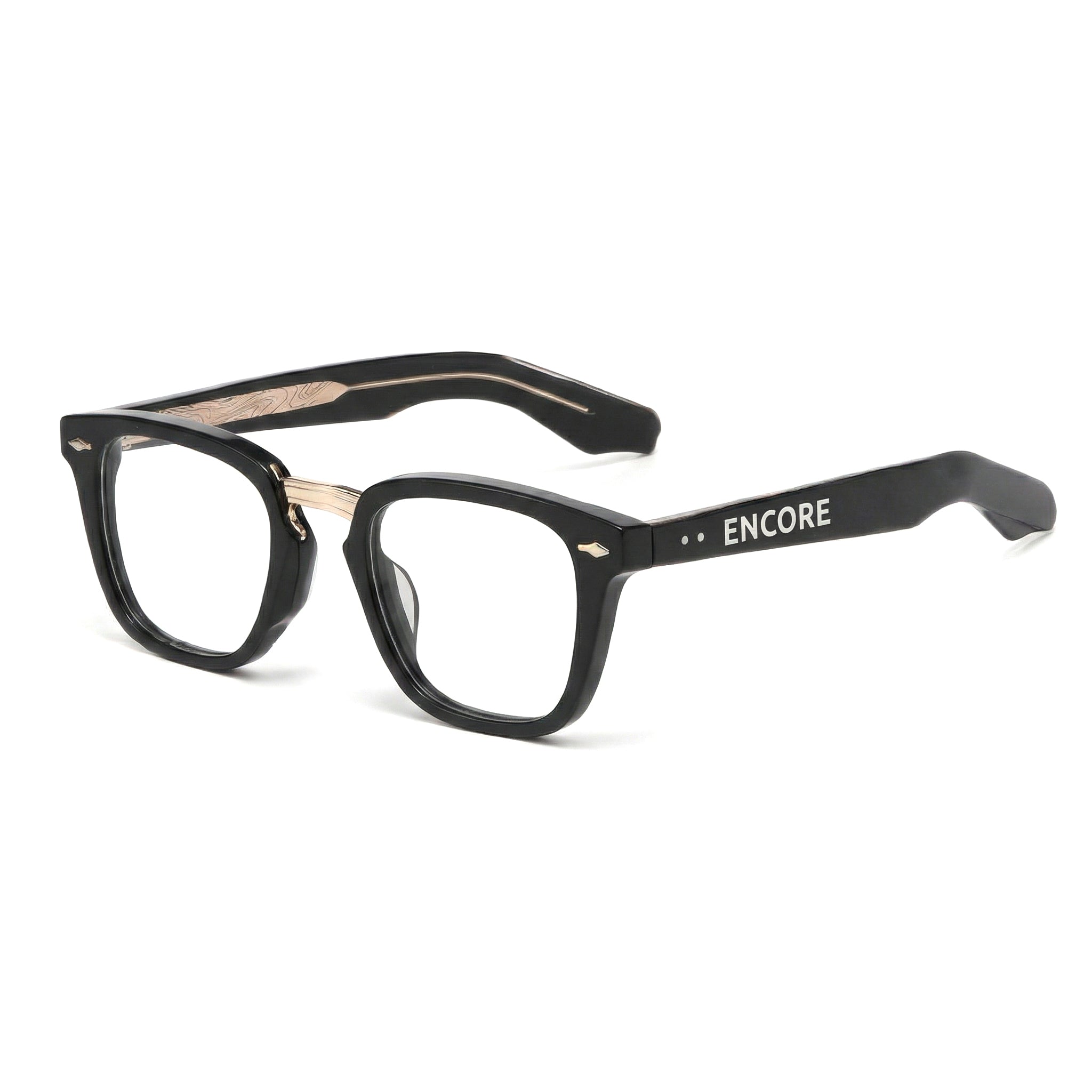 Encore Majestic glasses closeup 45-degree view in black golden frames