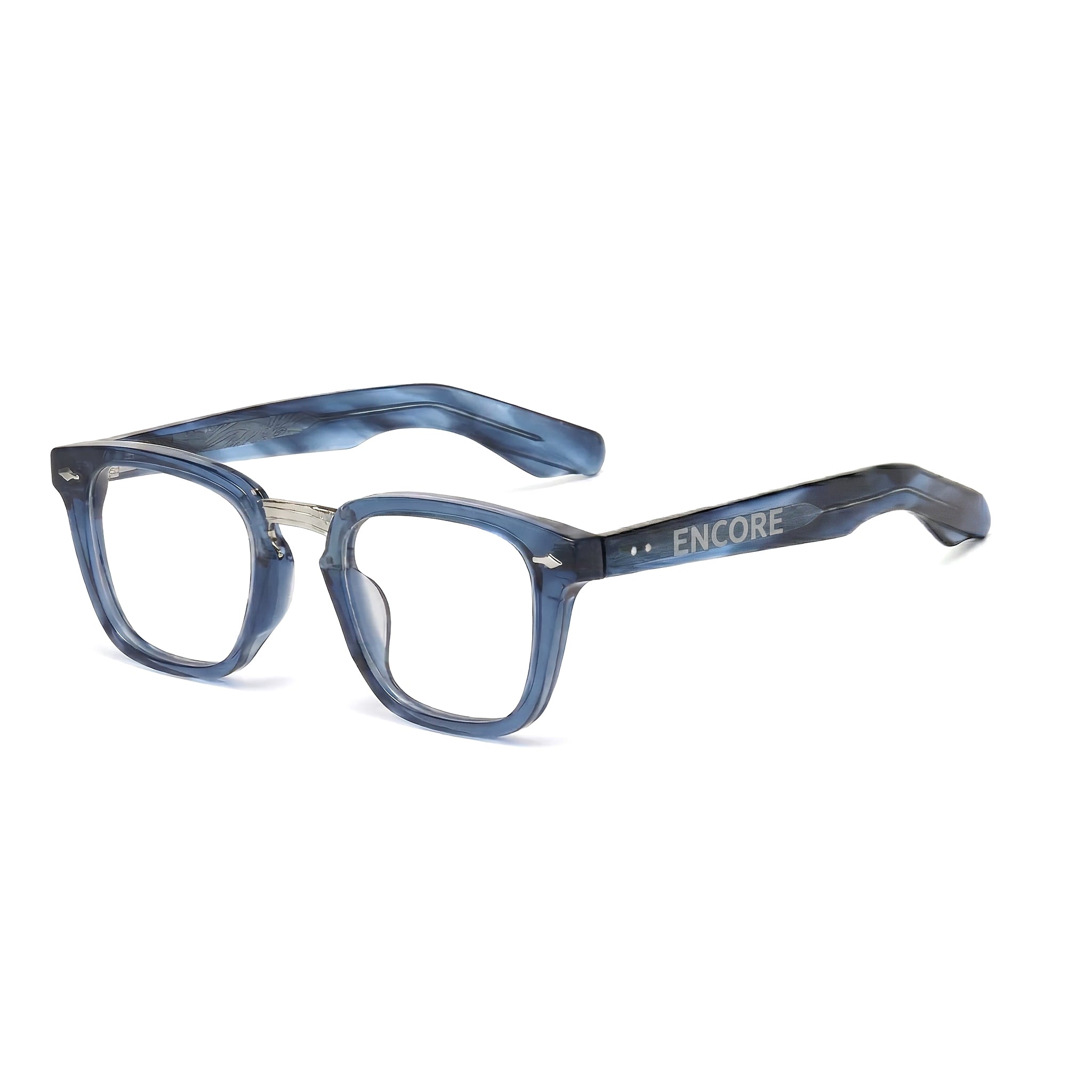 Encore Majestic glasses closeup 45-degree view in blue silver frames