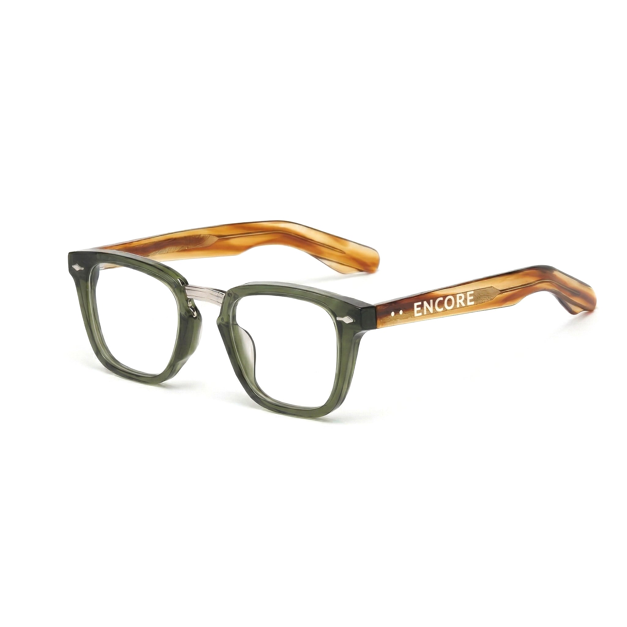 Encore Majestic glasses closeup 45-degree view in olive green silver frames