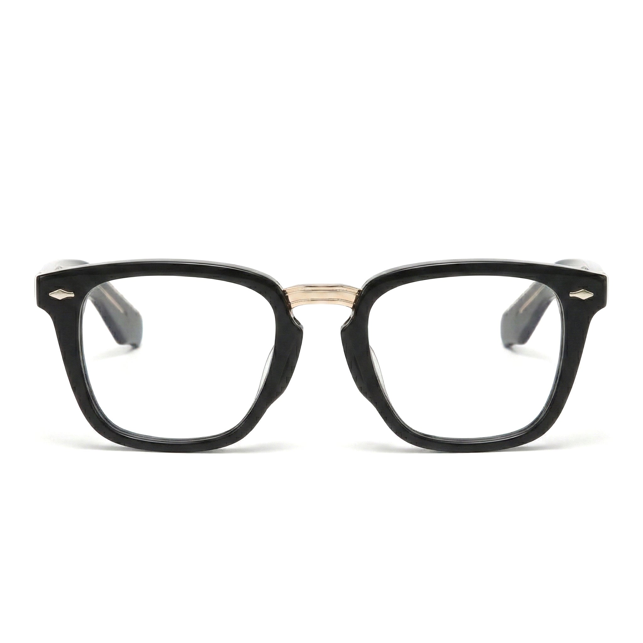 Encore Majestic glasses closeup front view in black golden frames