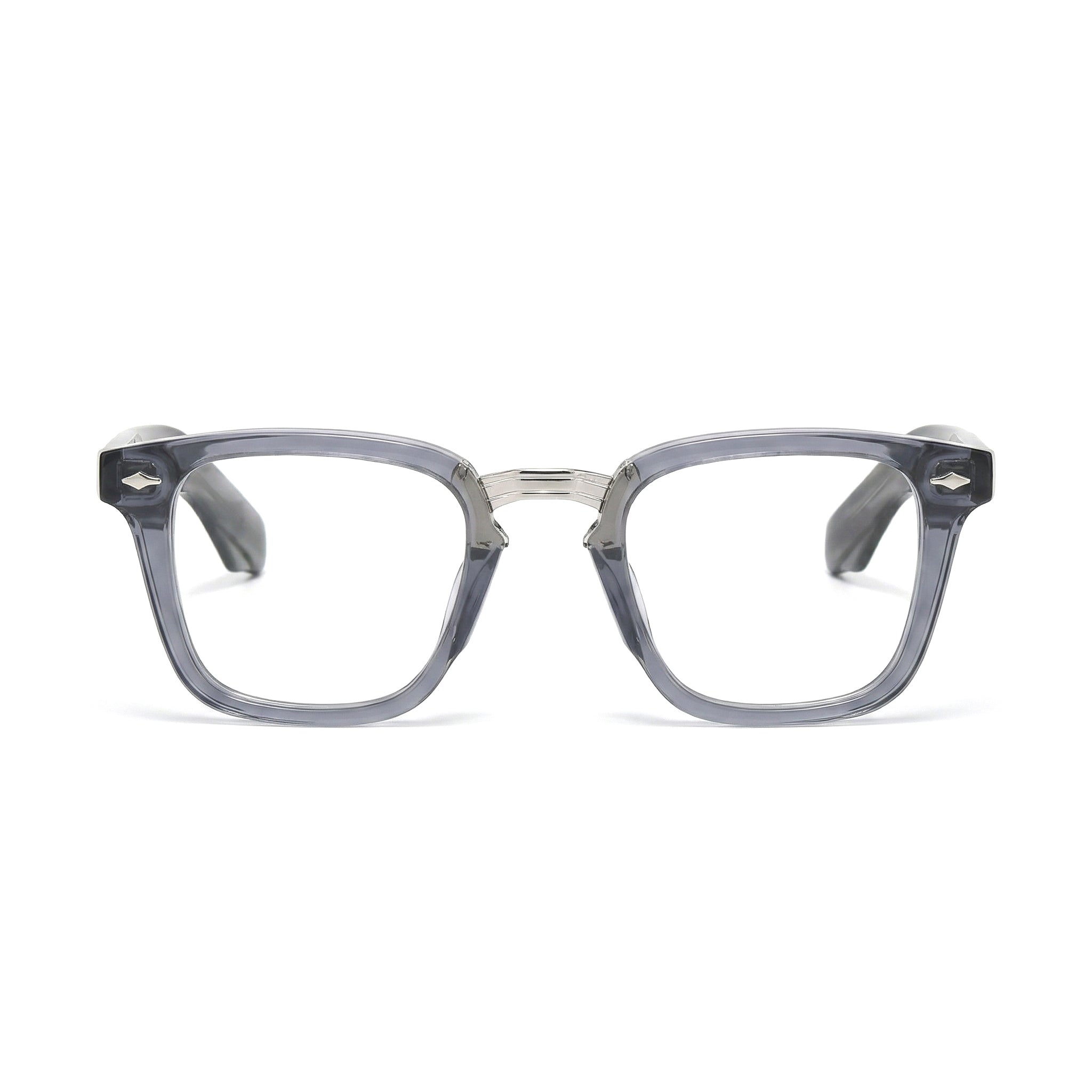 Encore Majestic glasses closeup front view in gray silver frames