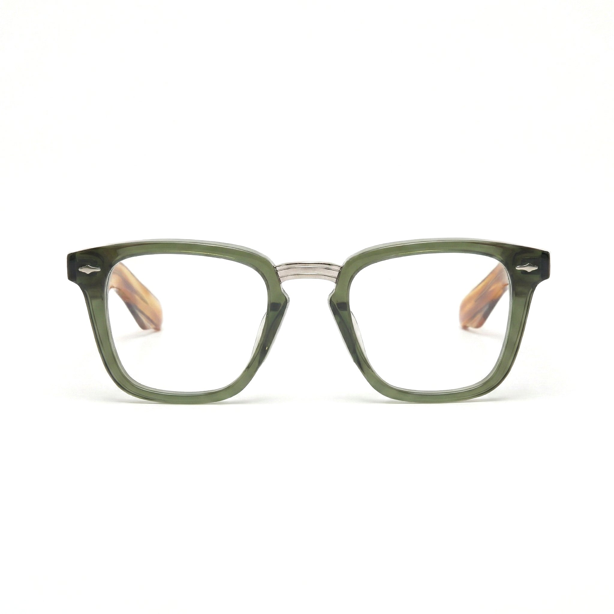 Encore Majestic glasses closeup front view in olive green silver frames