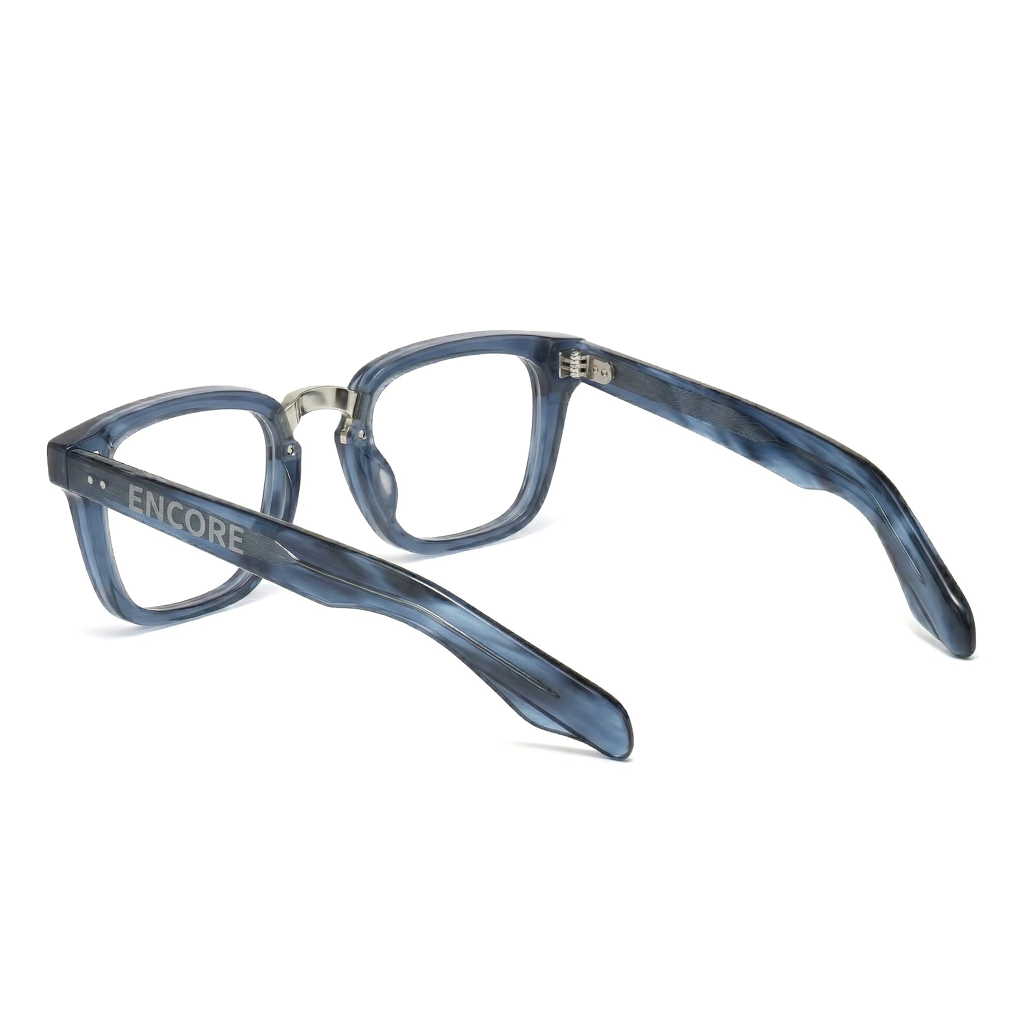 Encore Majestic glasses closeup side view in blue silver frames