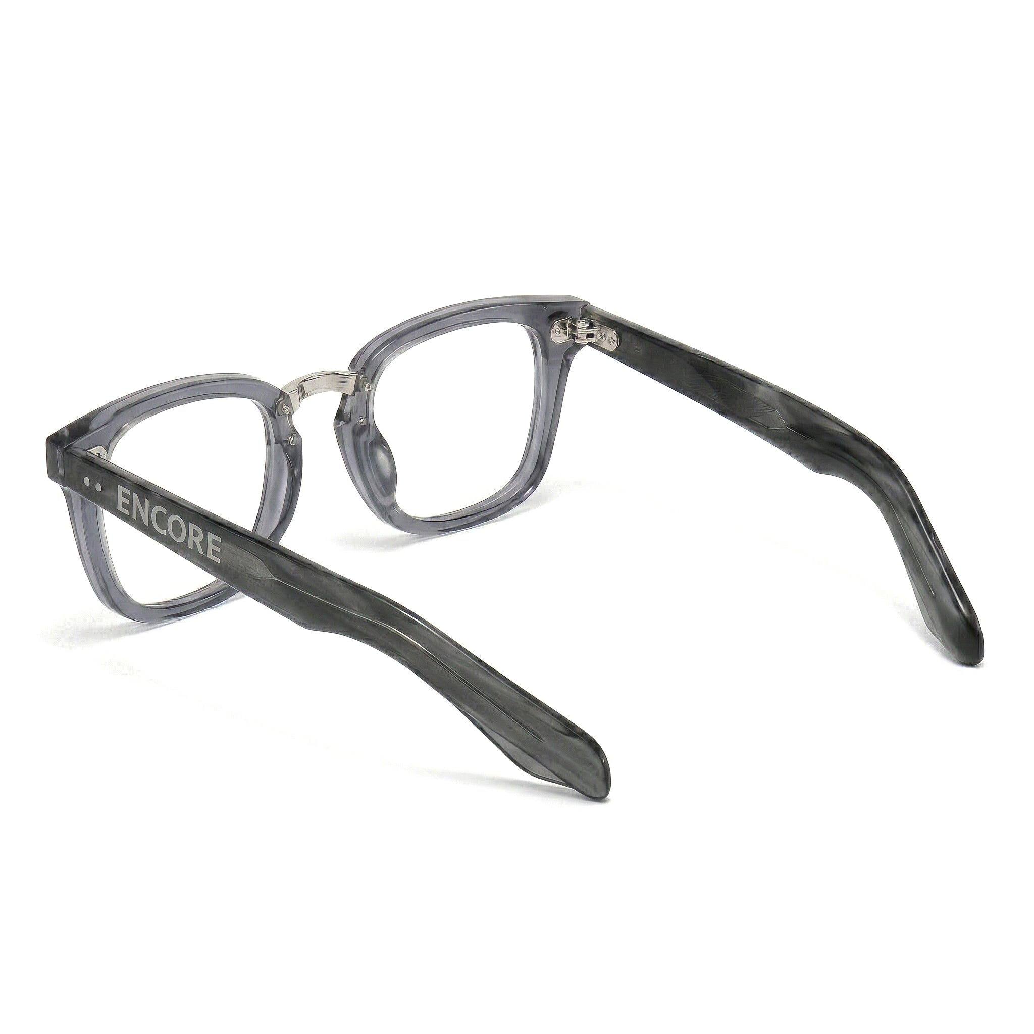 Encore Majestic glasses closeup side view in gray silver frames