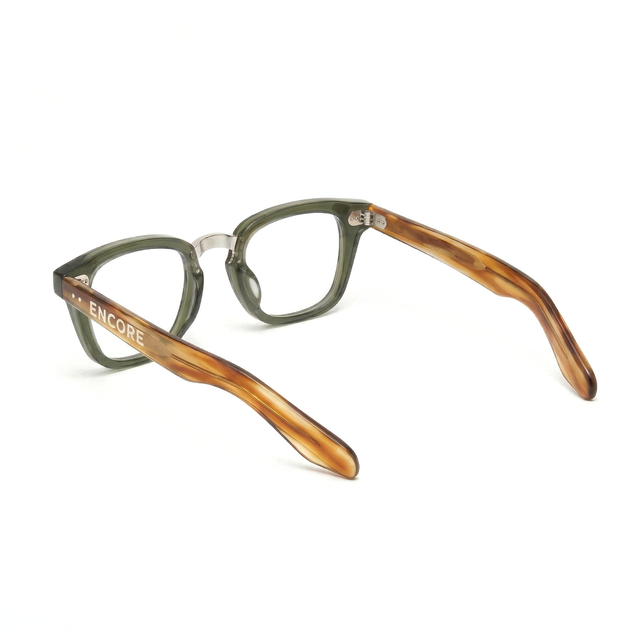 Encore Majestic glasses closeup side view in olive green silver frames