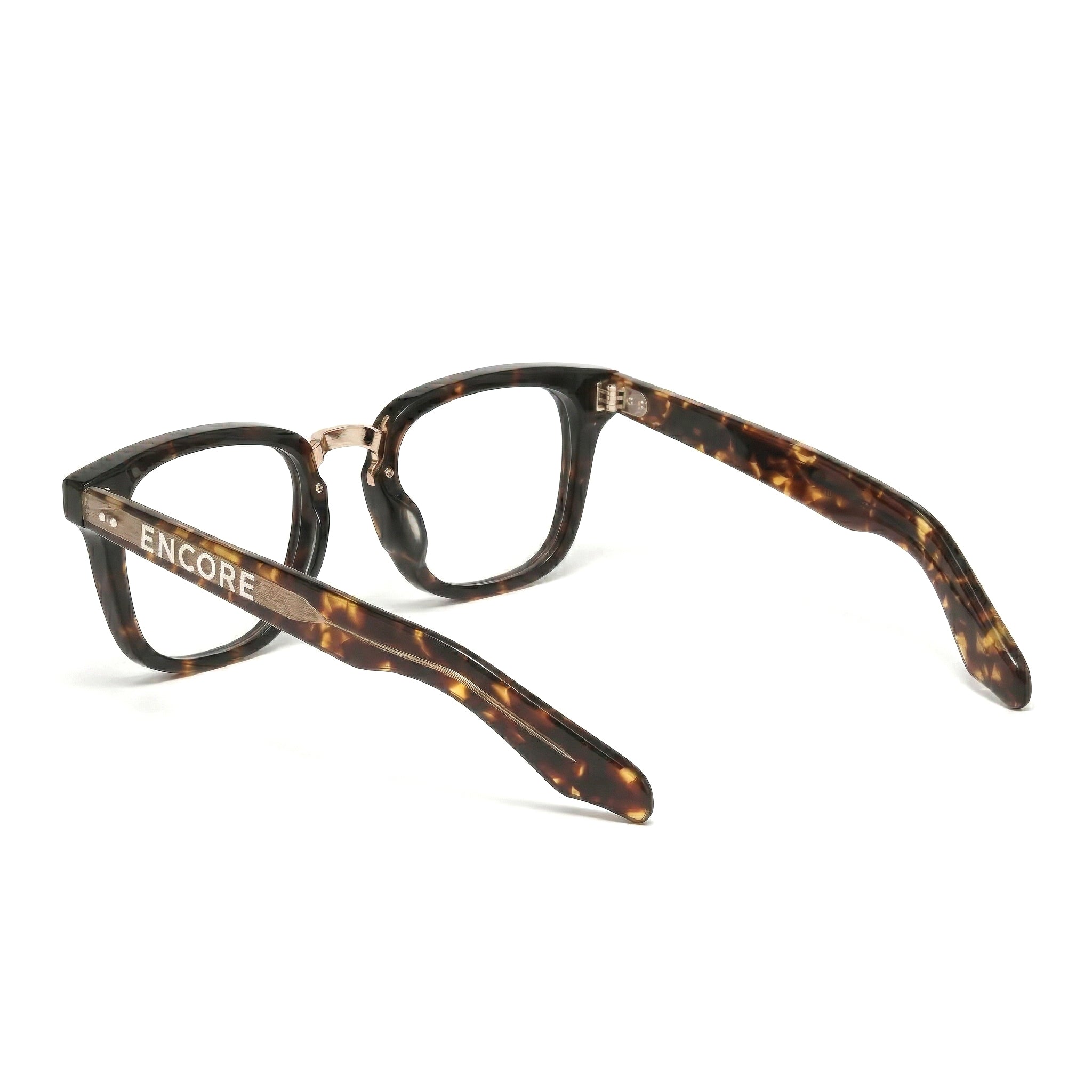 Encore Majestic glasses closeup side view in tortoiseshell golden frames