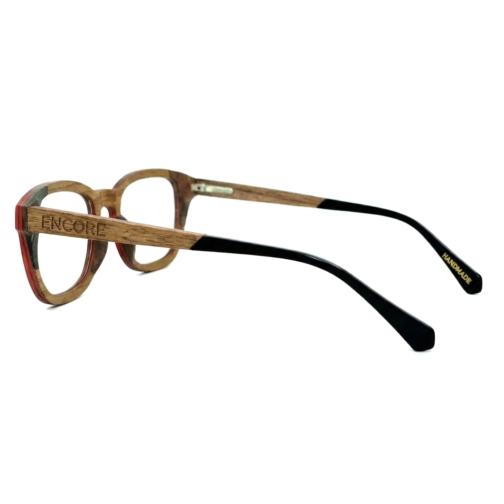 Encore Noble glasses closeup side view in black walnut wood frames