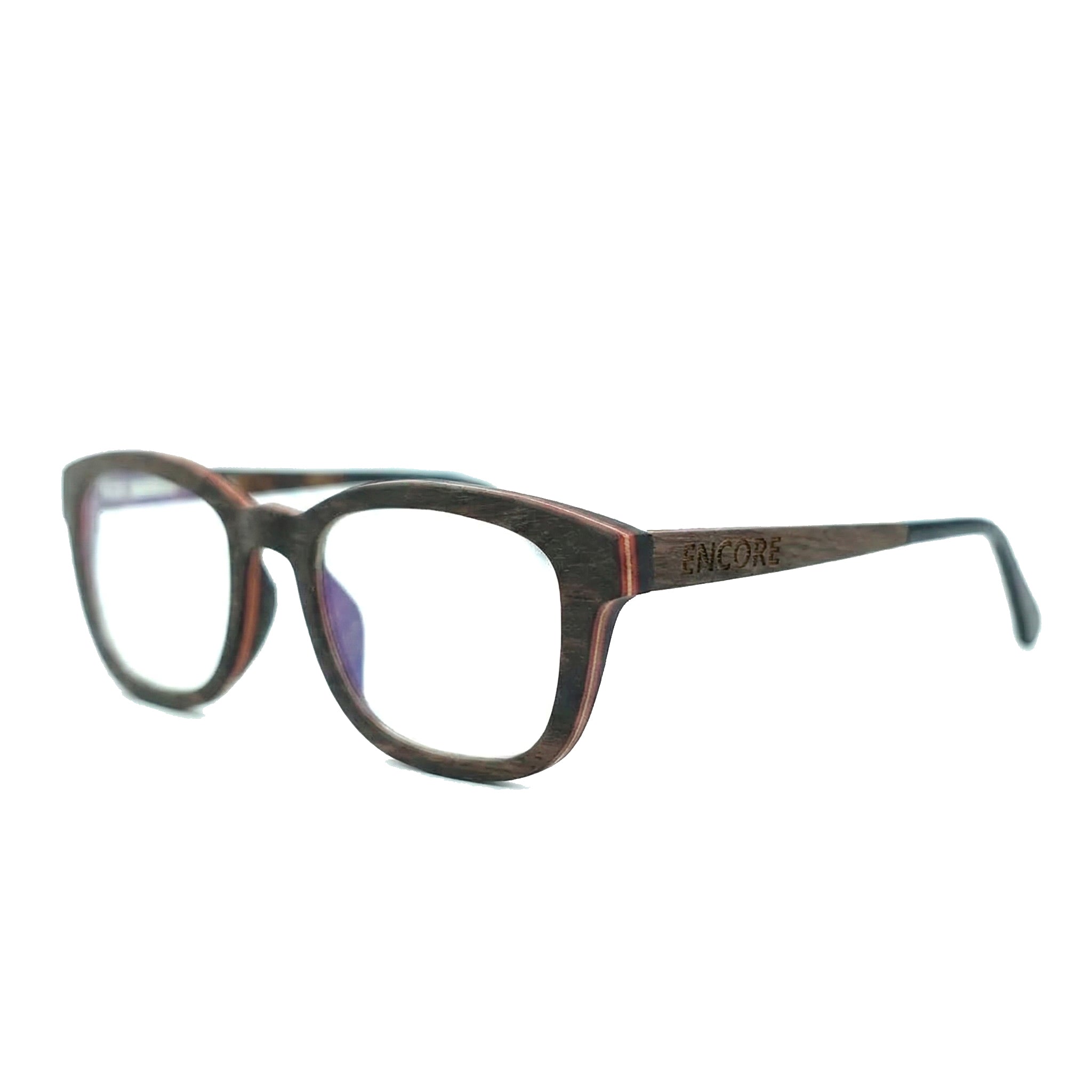Encore Pinnacle glasses closeup 45-degree view in ebony wood frames