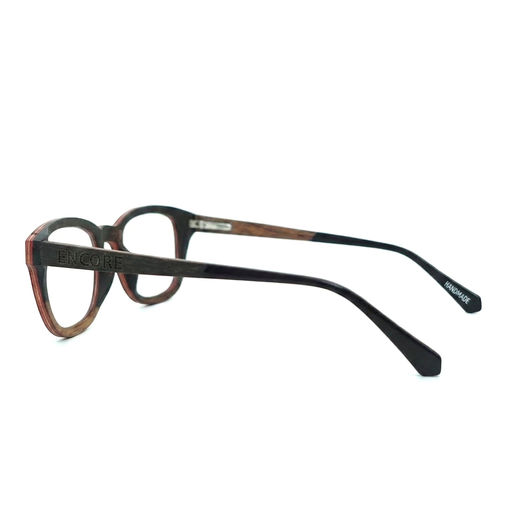 Encore Pinnacle glasses closeup side view in ebony wood frames