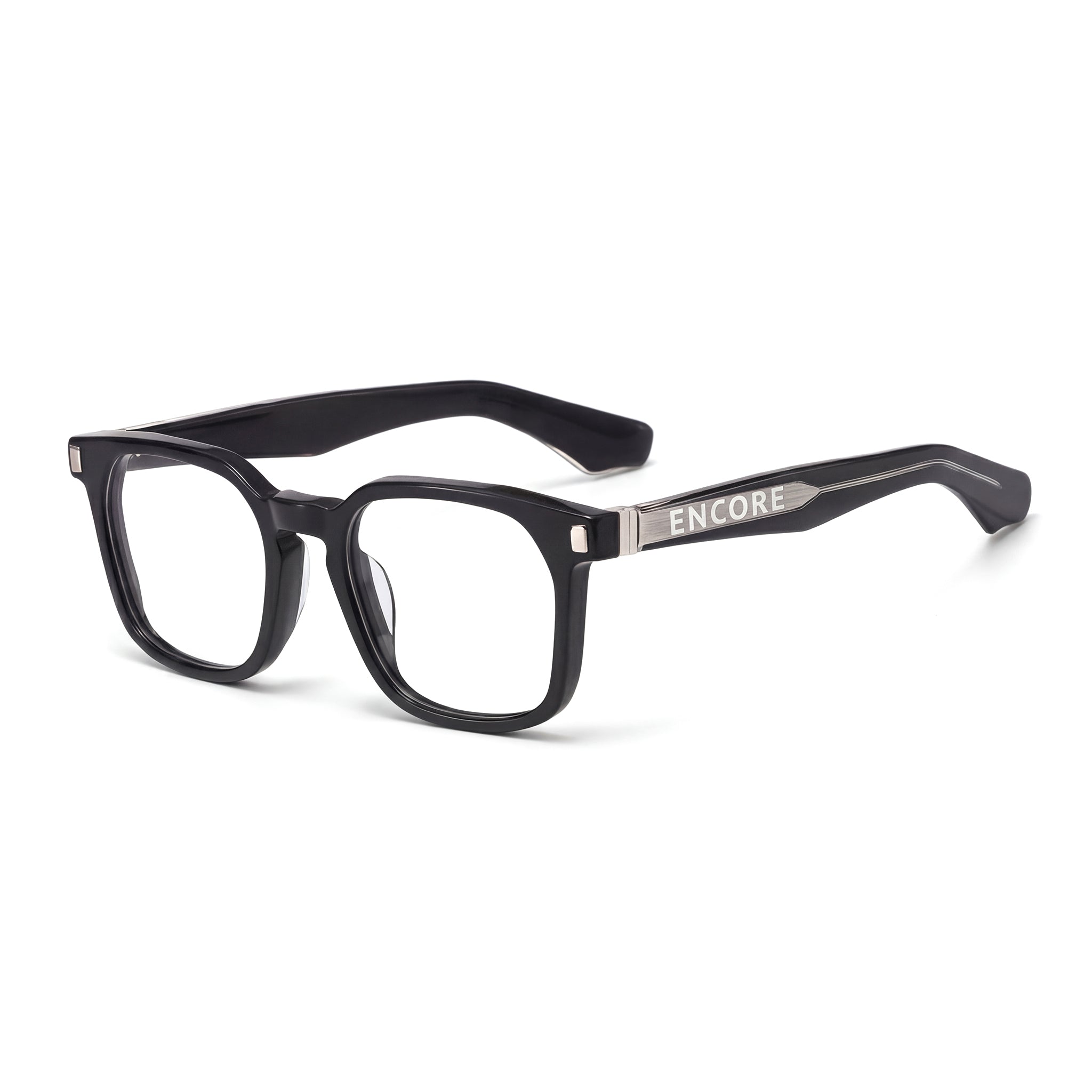 Encore Prestige glasses closeup 45-degree view in black silver frames