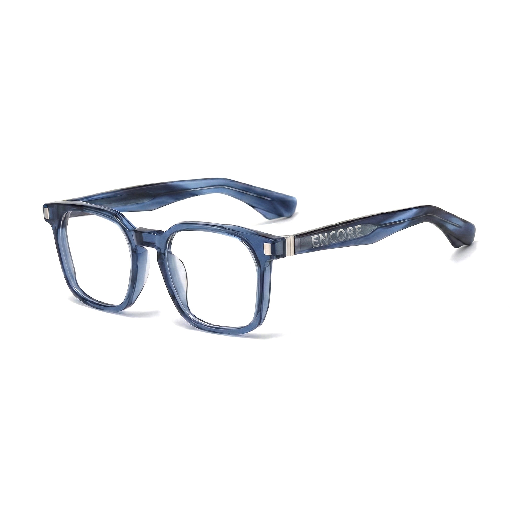 Encore Prestige glasses closeup 45-degree view in blue silver frames