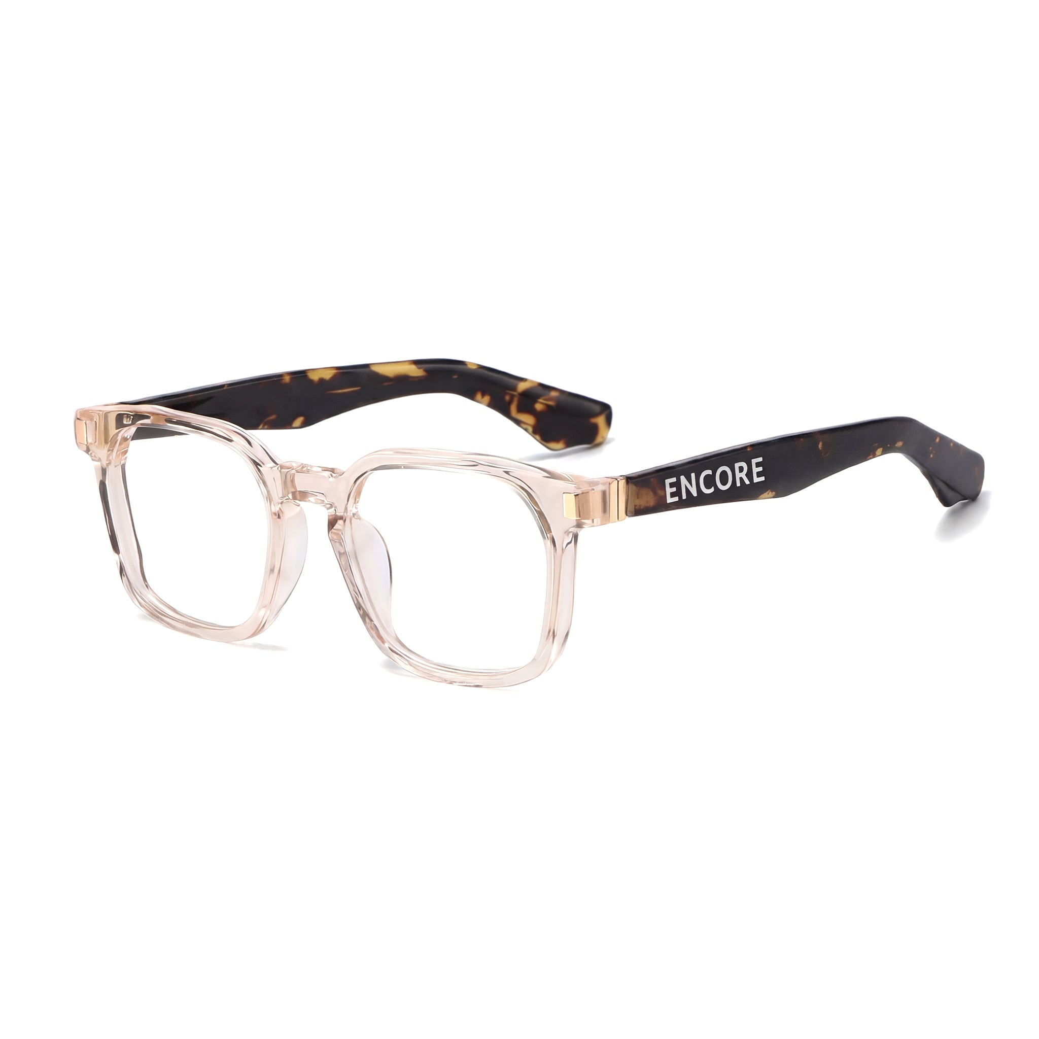 Encore Prestige glasses closeup 45-degree view in champagne gold frames