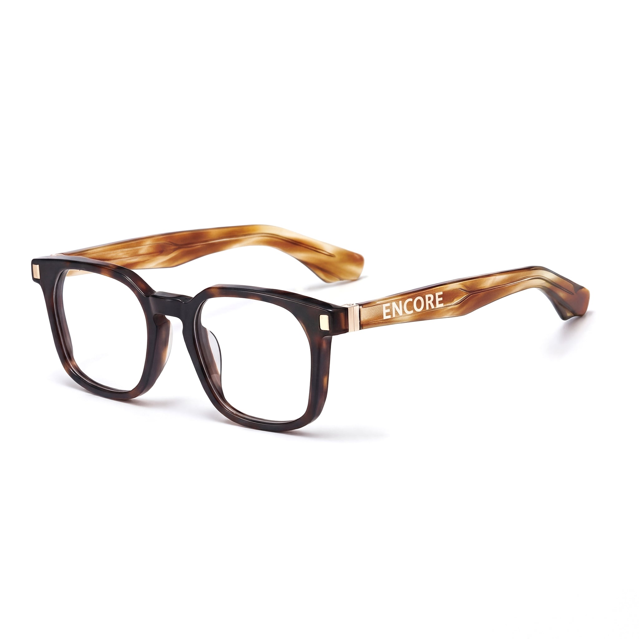 Encore Prestige glasses closeup 45-degree view in hawksbill gold frames