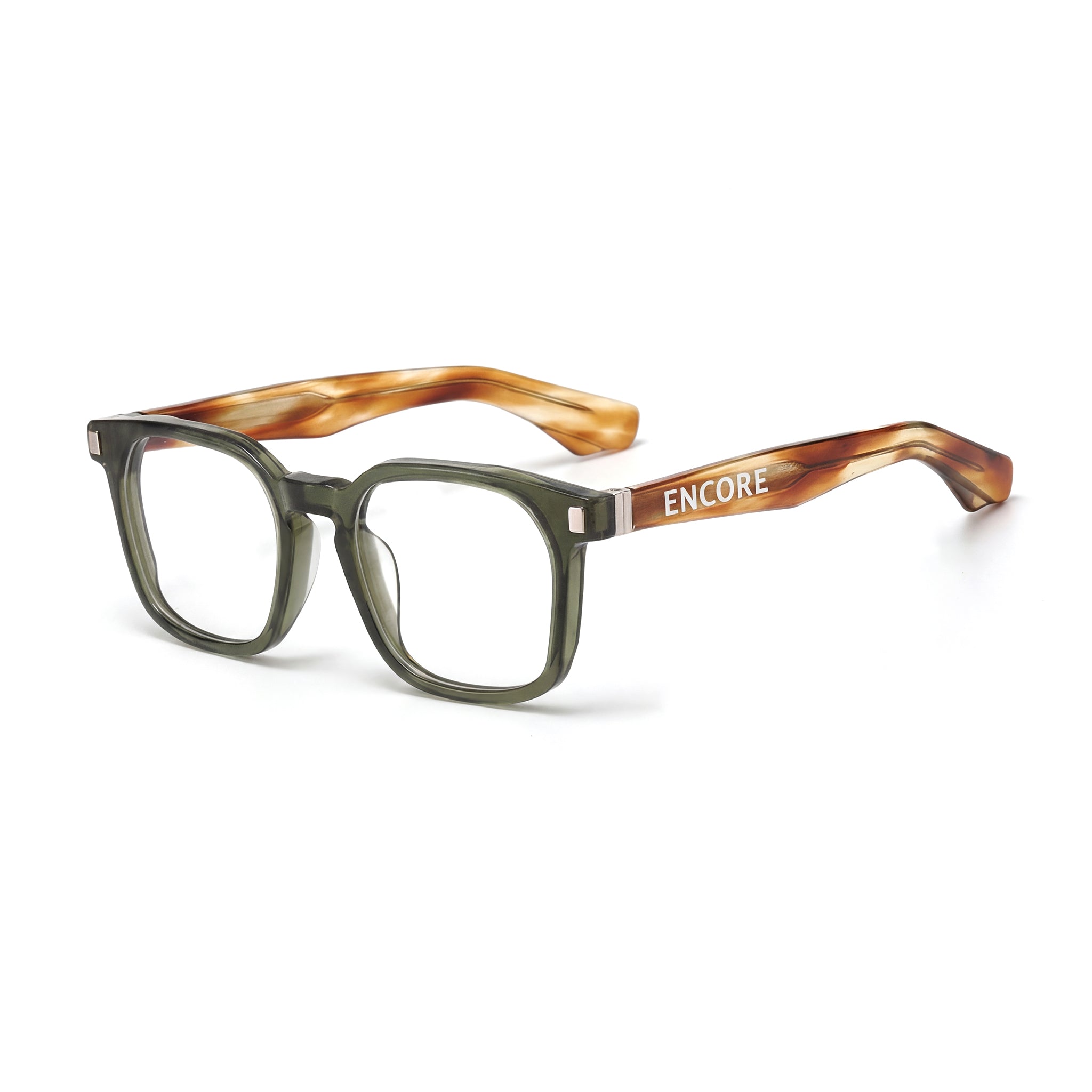 Encore Prestige glasses closeup 45-degree view in olive green silver frames