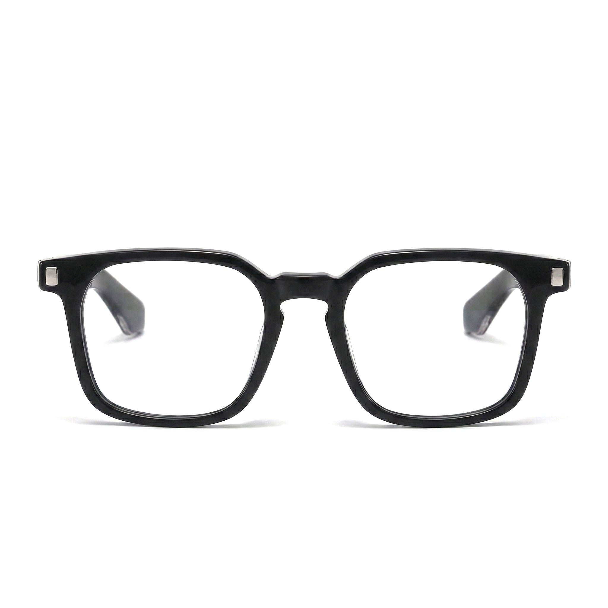 Encore Prestige glasses closeup front view in black silver frames