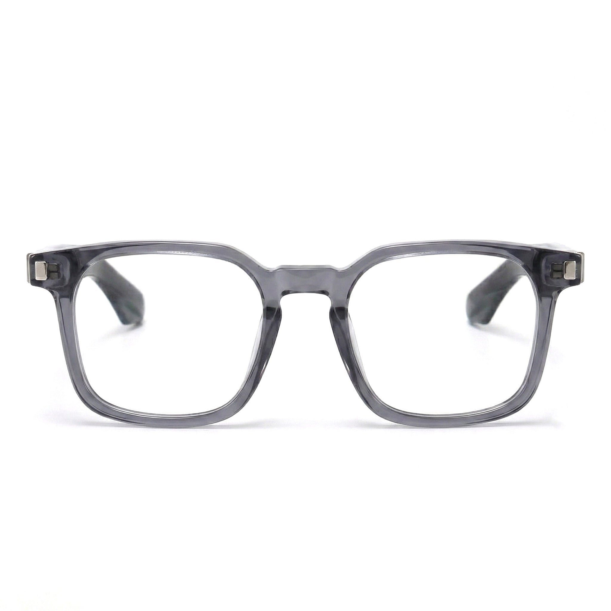 Encore Prestige glasses closeup front view in gray silver frames
