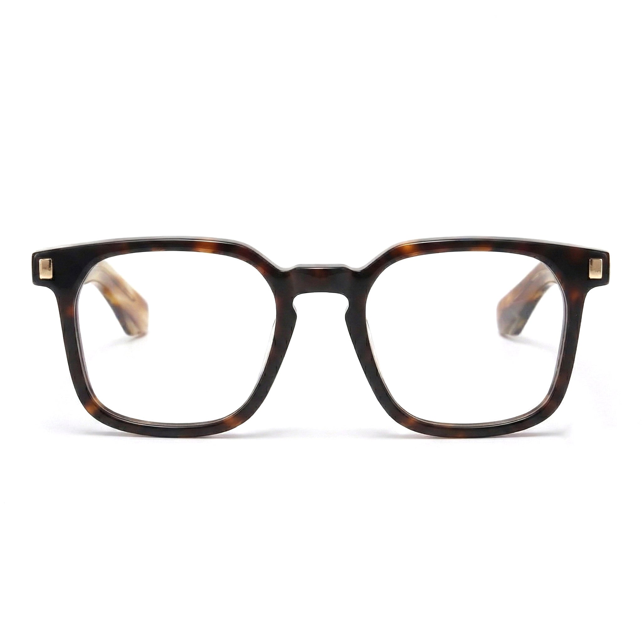 Encore Prestige glasses closeup front view in hawksbill gold frames