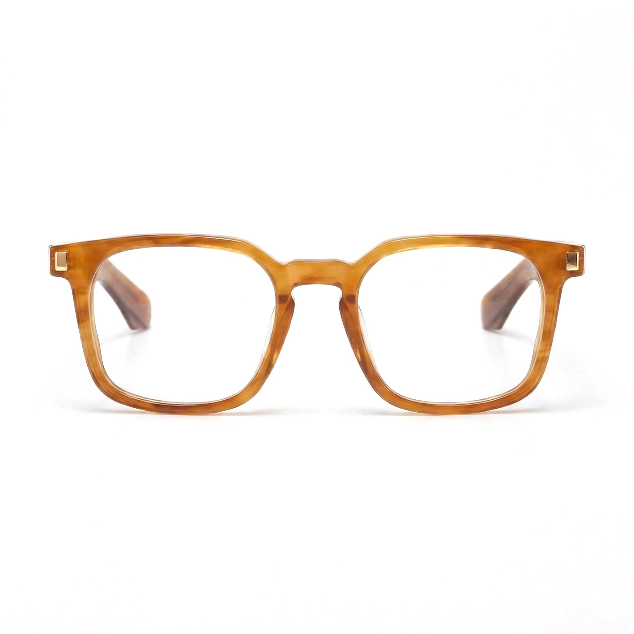 Encore Prestige glasses closeup front view in light brown gold frames