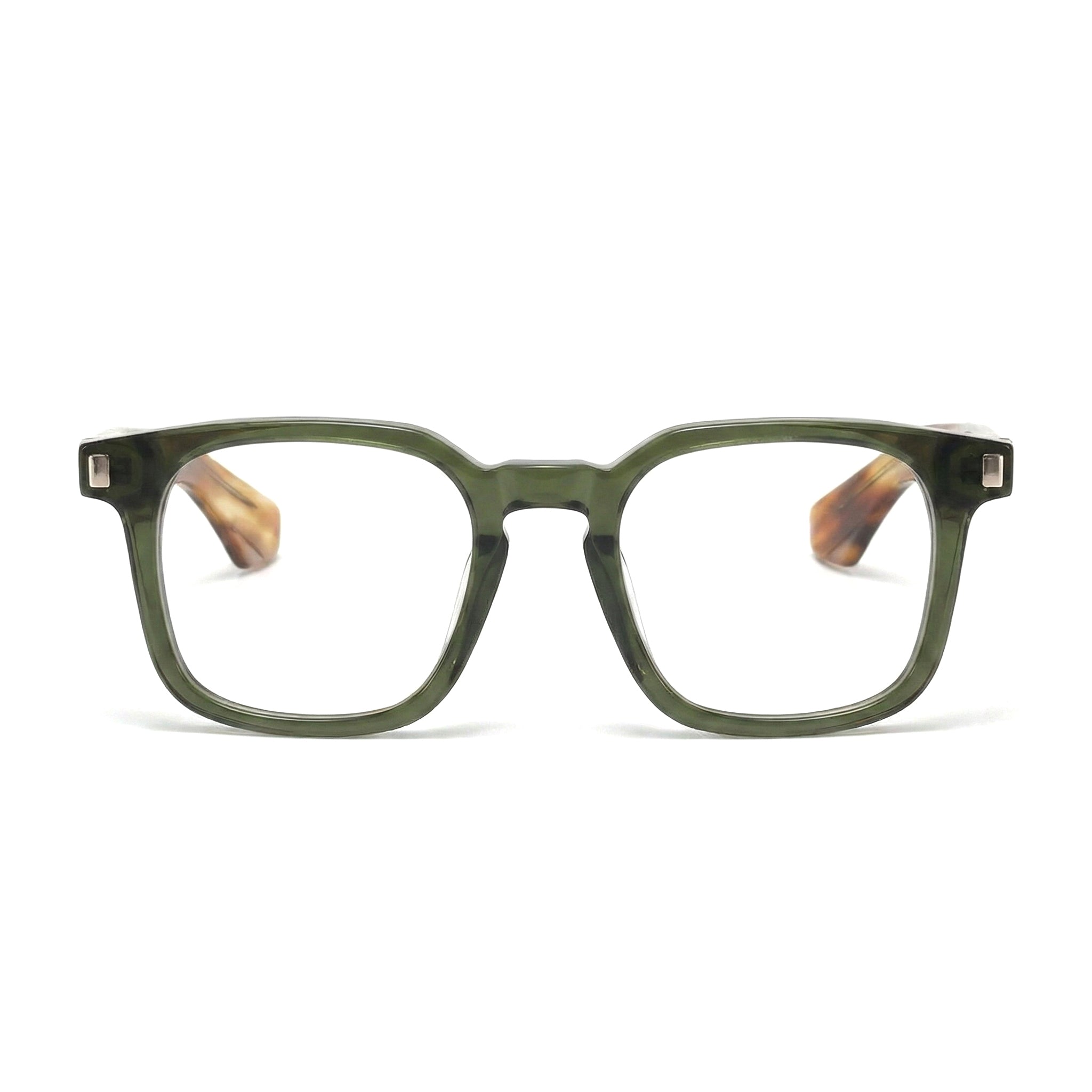 Encore Prestige glasses closeup front view in olive green silver frames