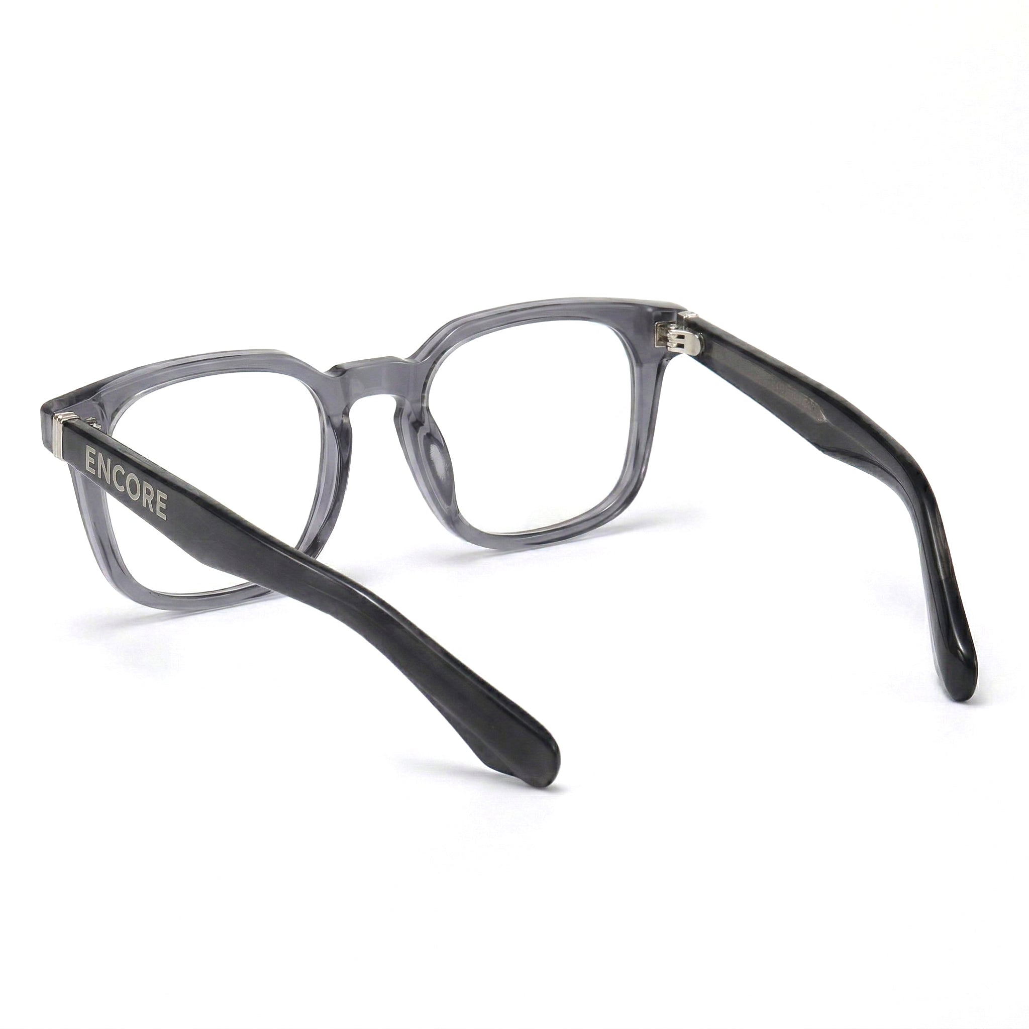 Encore Prestige glasses closeup side view in gray silver frames