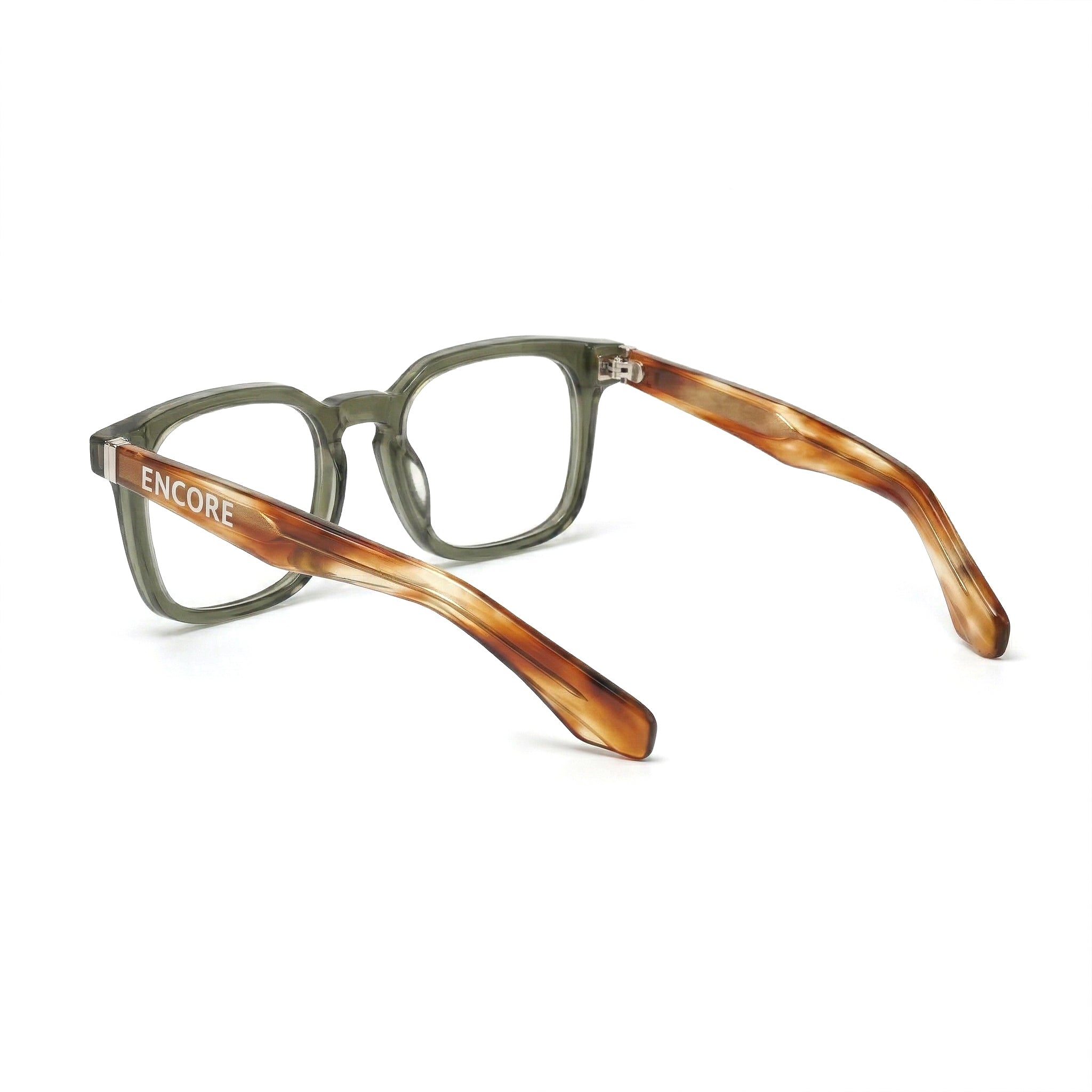 Encore Prestige glasses closeup side view in olive green silver frames