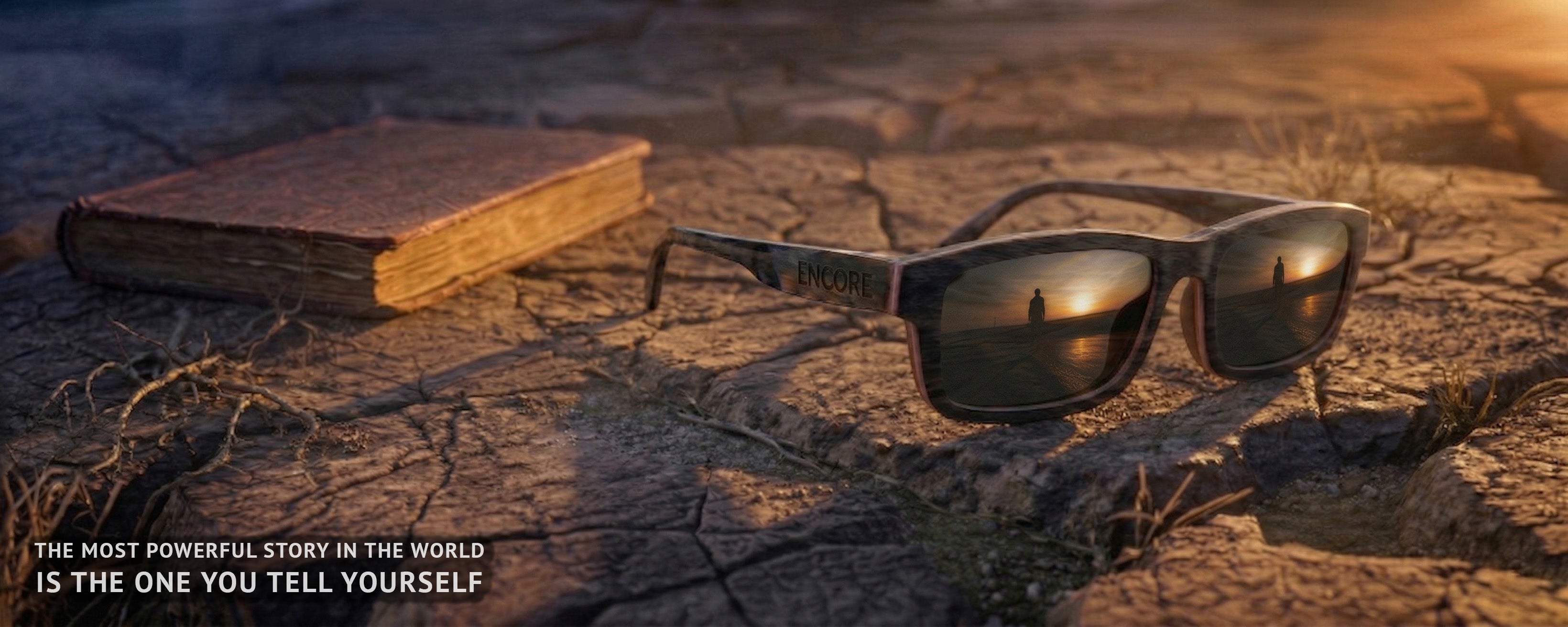 Encore Sovereign glasses dramatic closeup 135-degree view in ebony wood frames with sunset lens reflection